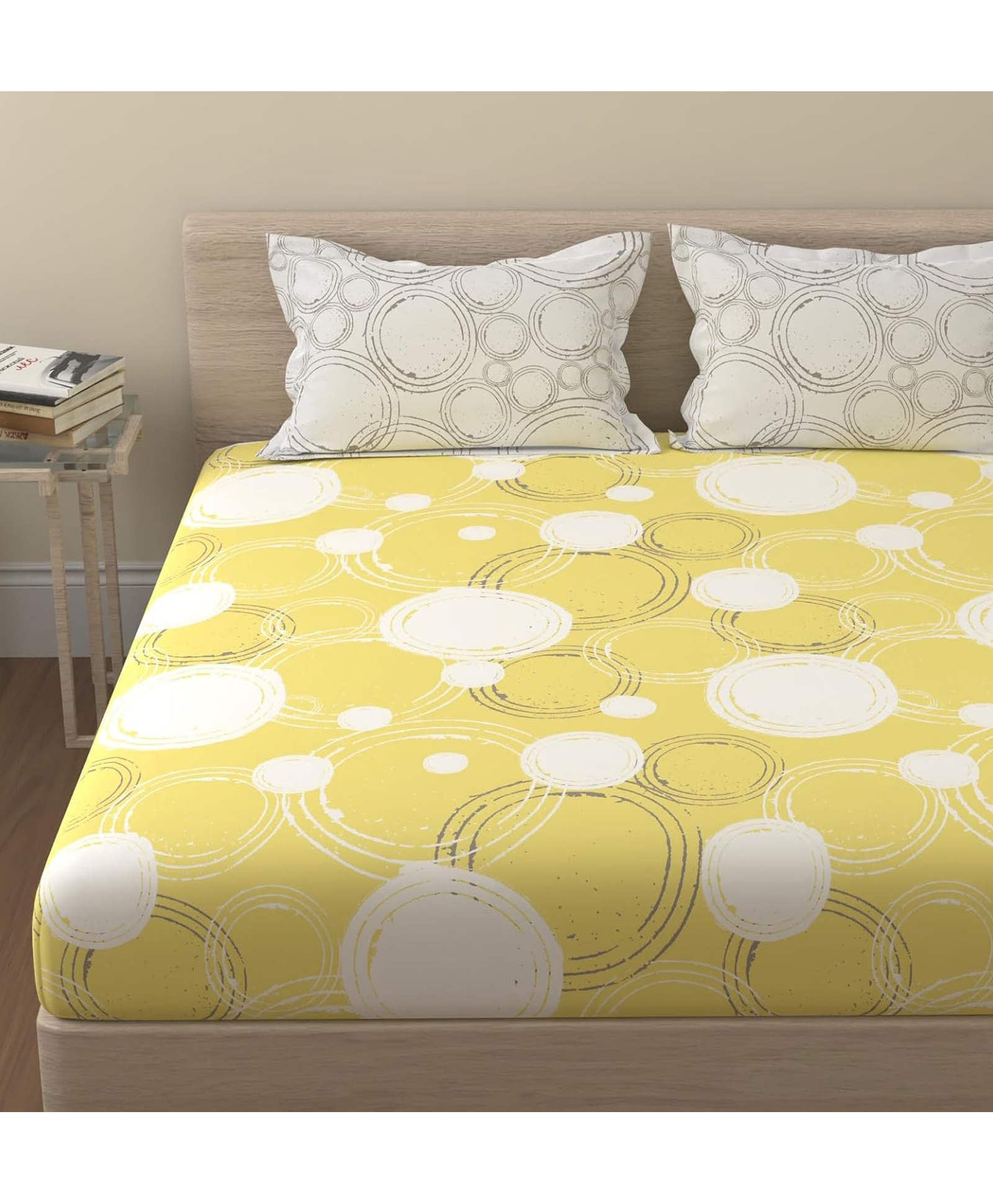 Huesland by Ahmedabad Cotton 144 TC Cotton Bedsheet for Double Bed with 2 Pillow Covers | Sphere | Yellow & Off White-picture-31