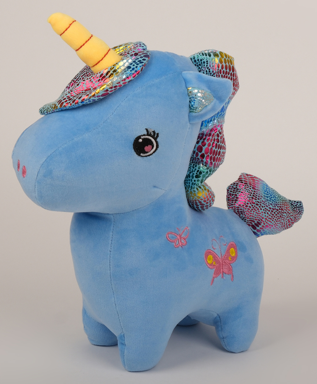 Dukiekooky Butterfly Design Sparkly Mane Blue Unicorn Plush Toy, Soft Stuffed Animal Height - 35 cm-image-30