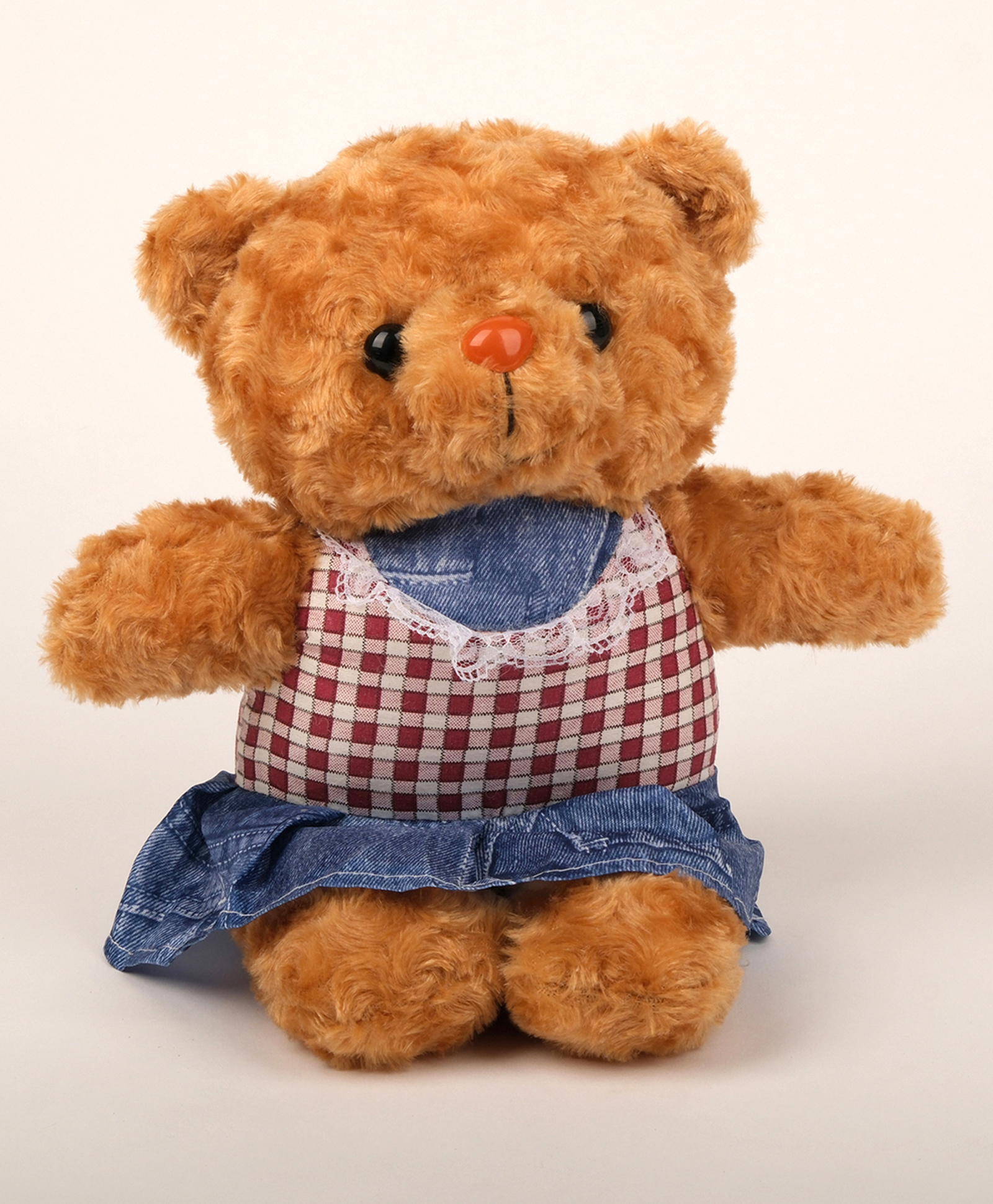 Dukiekooky Super Cute & Adorable Brown Teddy Bear with Denim Skirt and Checkered Top Plush Soft Toy, Height - Height 35 cm-picture-18