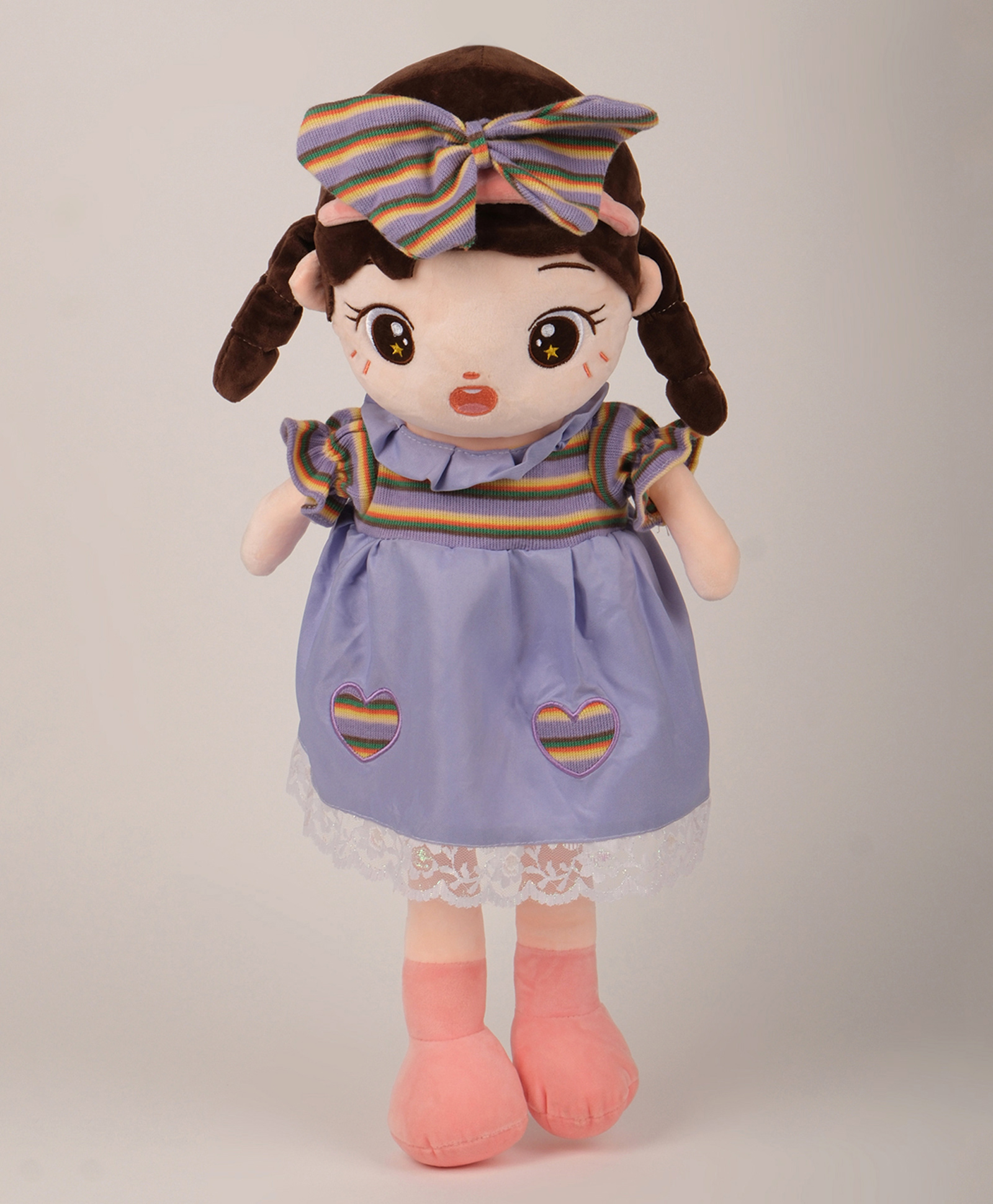 Dukiekooky Super Cute & Adorable Purple Plush Doll with Rainbow Striped Dress, Lace Trim, Heart Patches Soft Stuffed Toy Height 60 cm-image-33