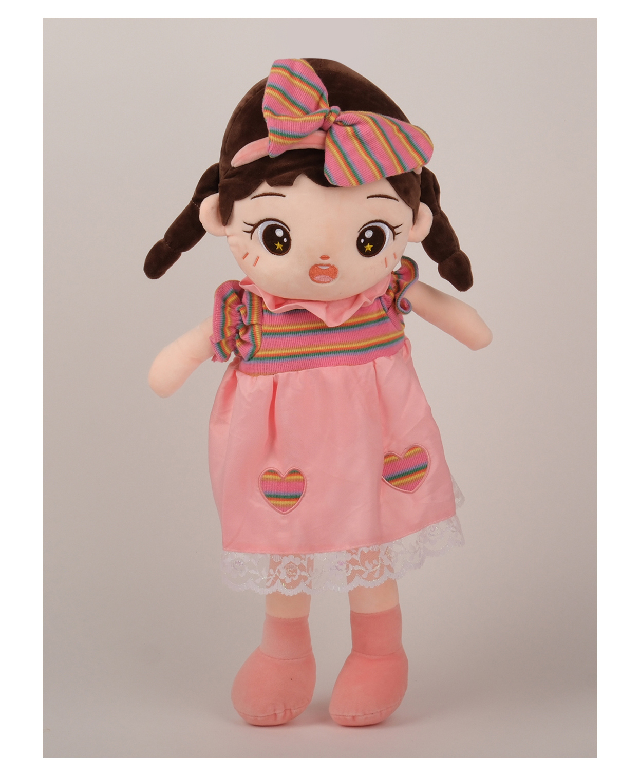 DukieKooky Super Cute & Adorable Pink Plush Doll with Rainbow Striped Dress, Lace Trim, Heart Patches Soft Stuffed Toy - Height 60 cm-image-49