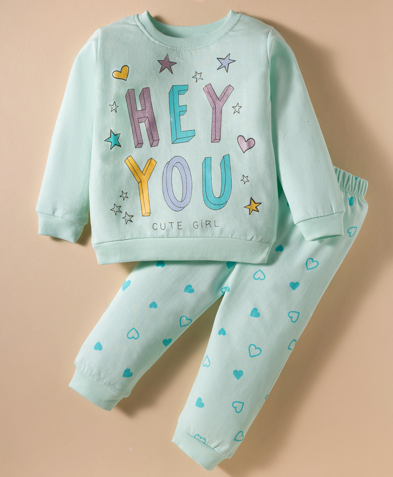 Tango Looper Knit Full Sleeves Winter Wear T-Shirt & Lounge Pant Set with Text Print - Aqua Blue-picture-37
