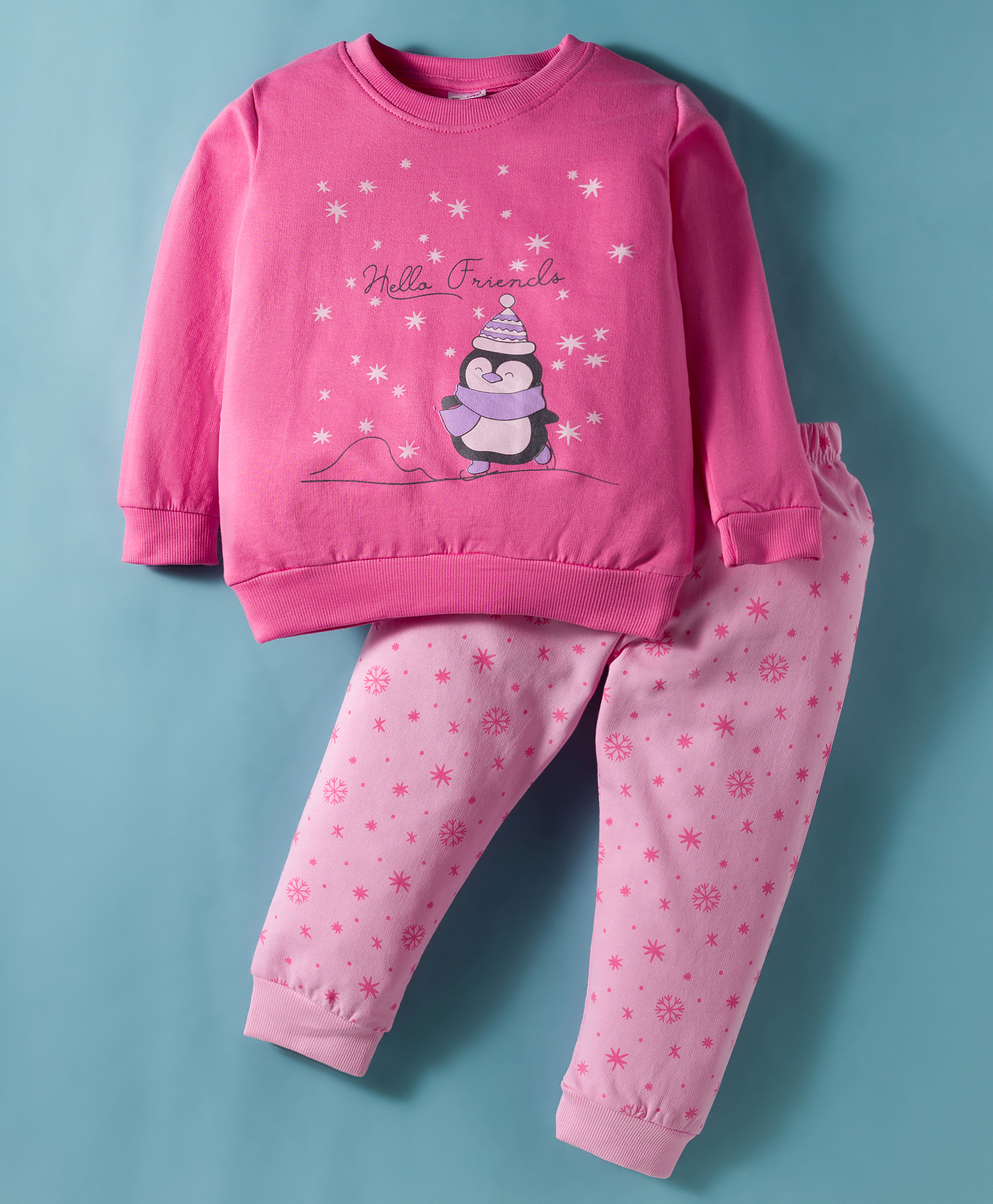 Tango Looper Knit Full Sleeves Winter Wear T-Shirt & Lounge Pant Set with Penguin Print - Pink-image-13