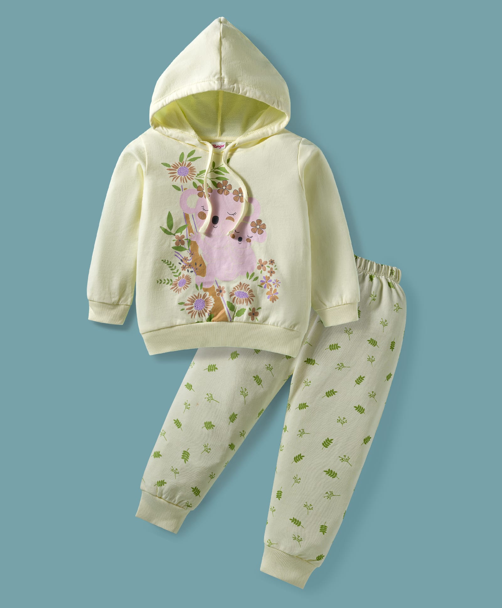 Tango Looper Knit Full Sleeves Winter Wear Hooded T-Shirt & Lounge Pant Set with Floral Print - Cream-image-6