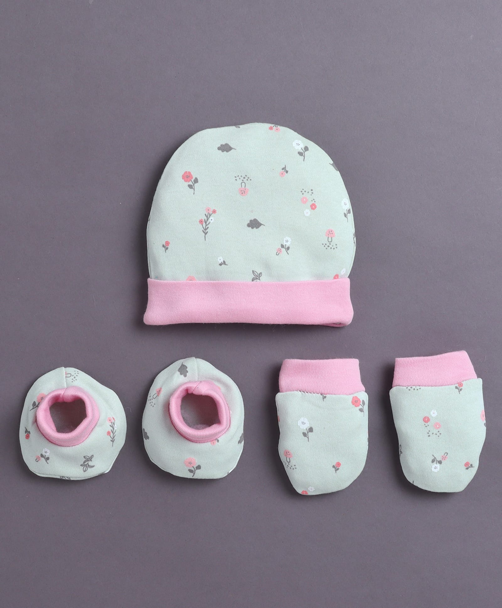 BUMZEE Cotton Knit Floral Printed Cap Mittens & Booties Sea Green & Pink - Diameter 8.5 cm-image-31