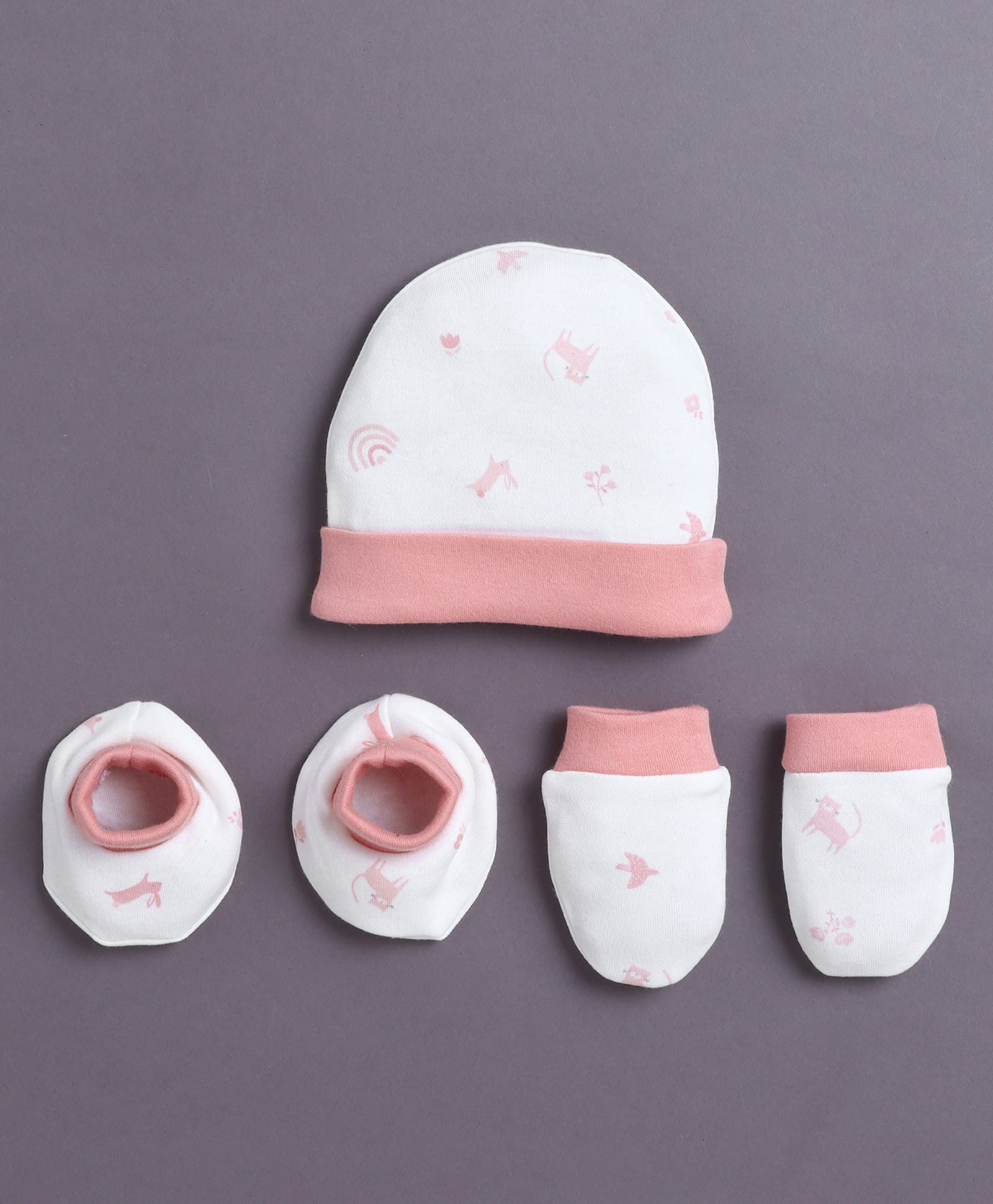 BUMZEE Cotton Knit Animal Printed Cap Mittens & Booties White & Peach - Diameter 8.5 cm-image-34