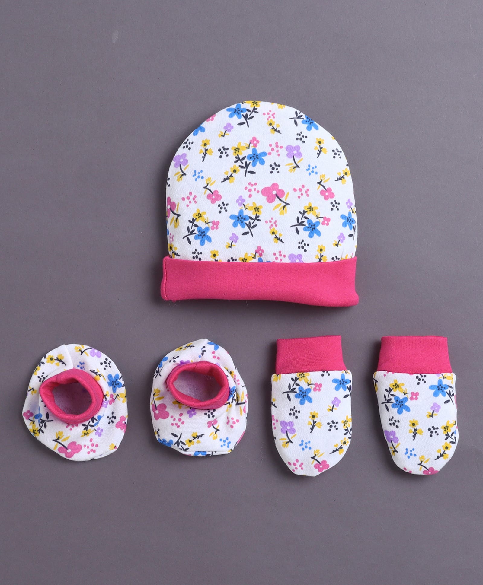 BUMZEE Cotton Knit Floral Printed Cap Mittens & Booties White & Pink - Diameter 9 cm-image-23
