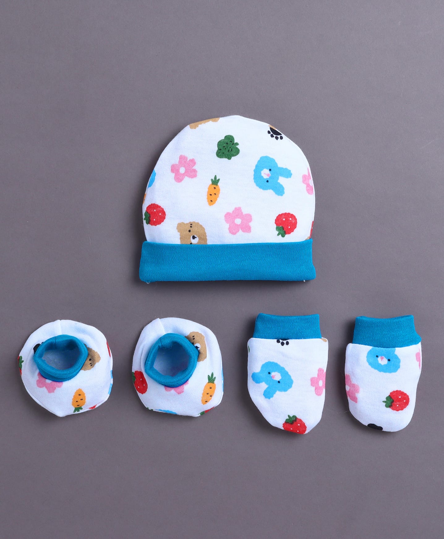BUMZEE Cotton Knit Animal Printed Cap Mittens & Booties White & Blue - Diameter 9 cm-image-26