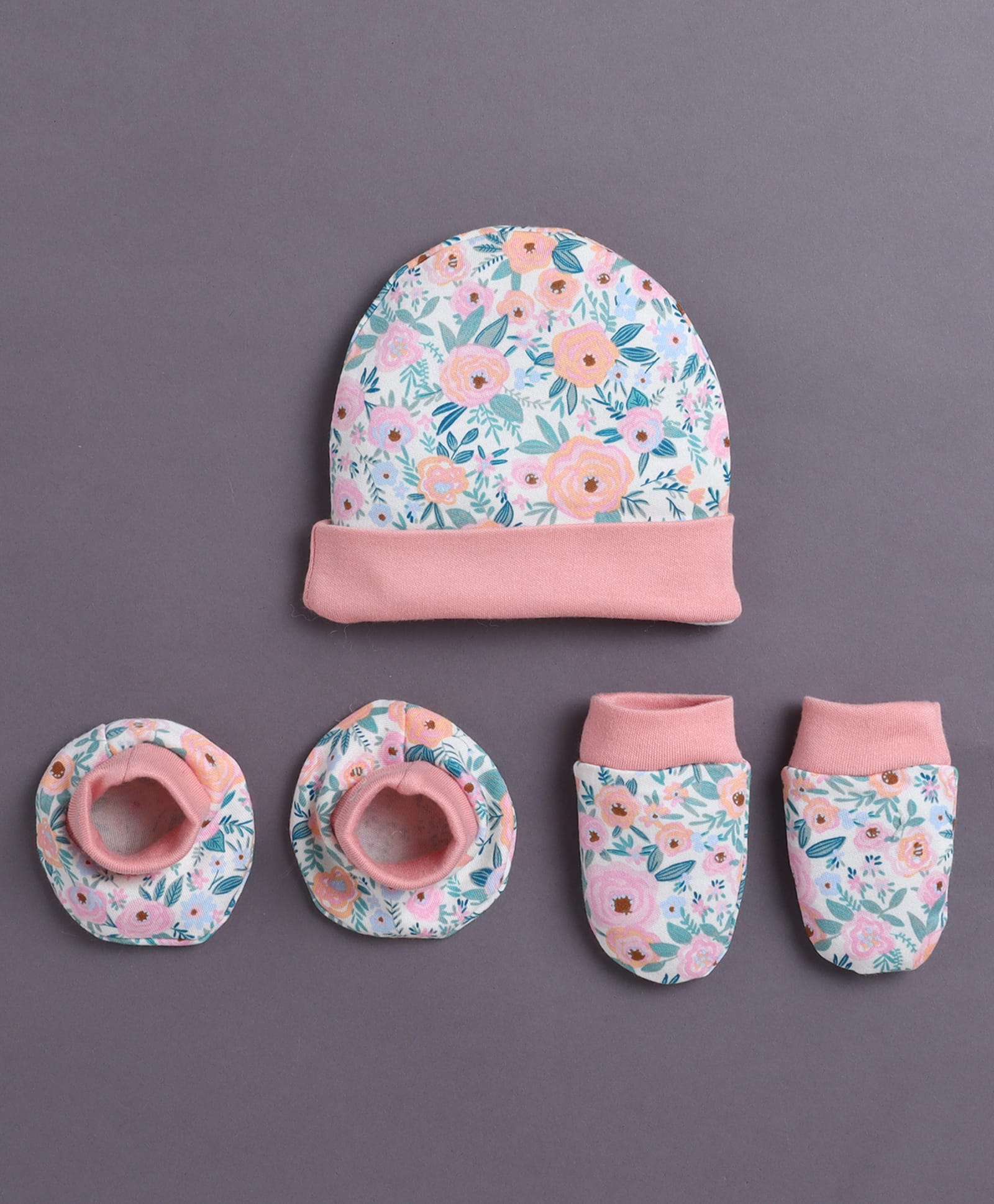 BUMZEE Cotton Knit Floral Printed Cap Mittens & Booties Beige & Peach - Diameter 8.5 cm-image-26