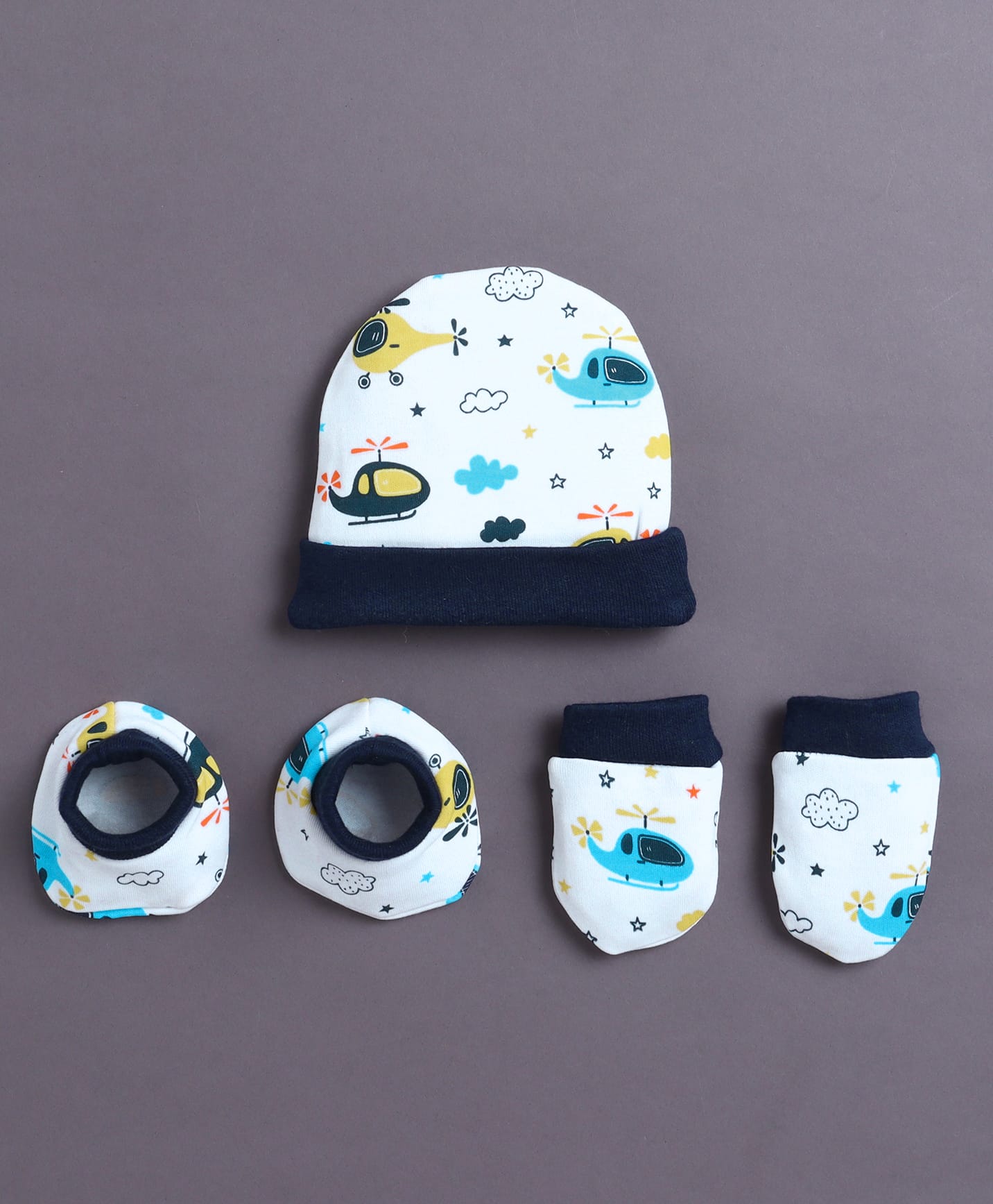 BUMZEE Cotton Knit Helicopter Printed Cap Mittens & Booties White & Navy Blue - Diameter 9 cm-image-4