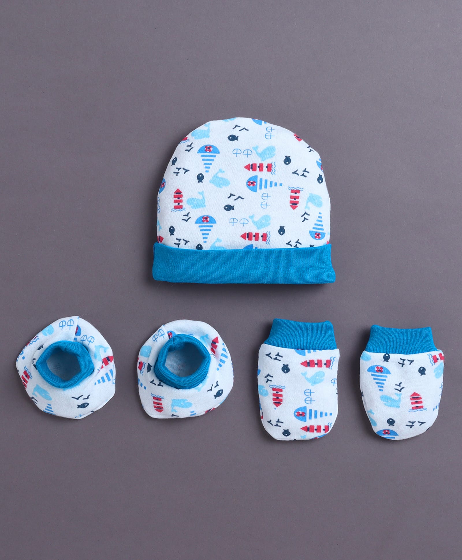 BUMZEE Cotton Knit Nautical Theme Printed Cap Mittens & Booties White & Blue - Diameter 9 cm-image-7