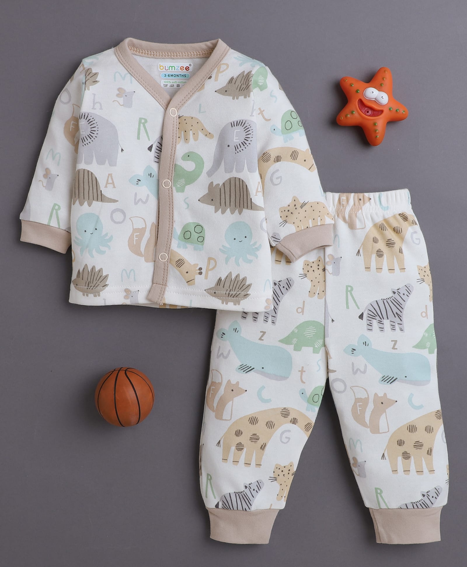 BUMZEE Cotton Knit Full Sleeves Co-ords Night Suit With Animal Print - White