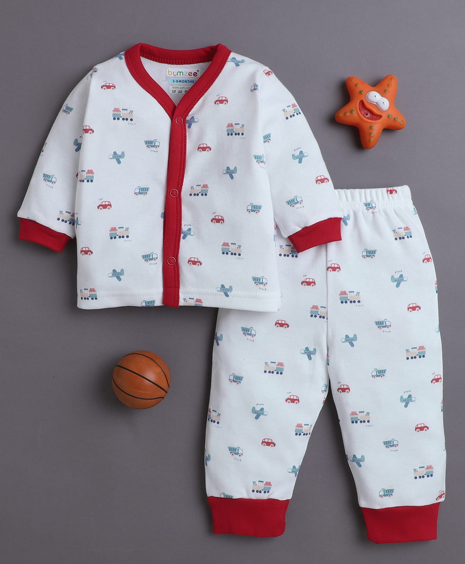 BUMZEE Cotton Knit Full Sleeves Co-ords Night Suit With Vehicle Print - White-image-19