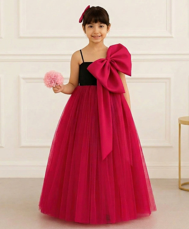 Foreverkidz Net Woven Sleeveless Bow Applique Detailed Gown - Pink-image-4