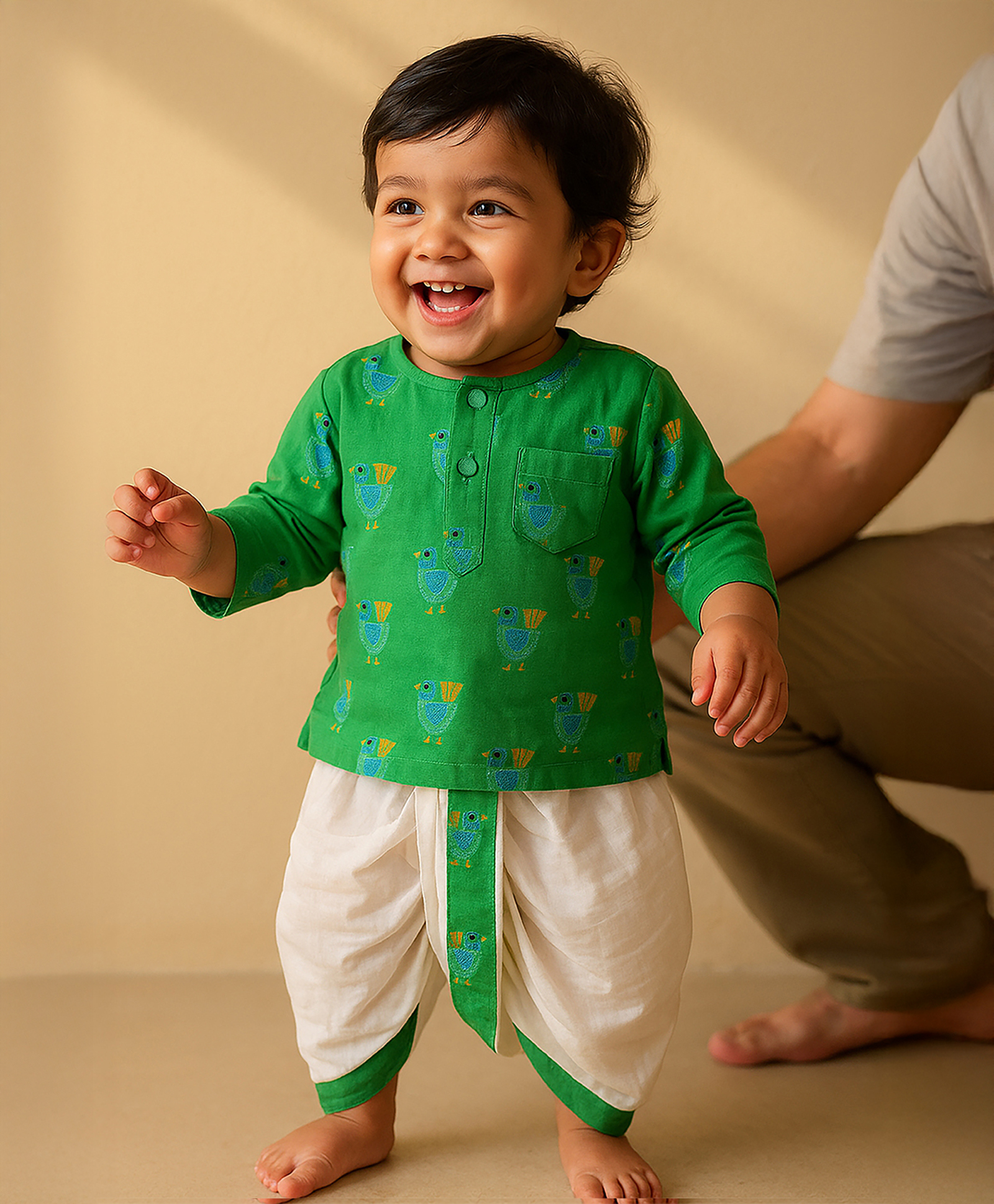 Somersault Cotton Woven Full Sleeves Birds Printed Dhoti Kurta Set - Green-picture-19