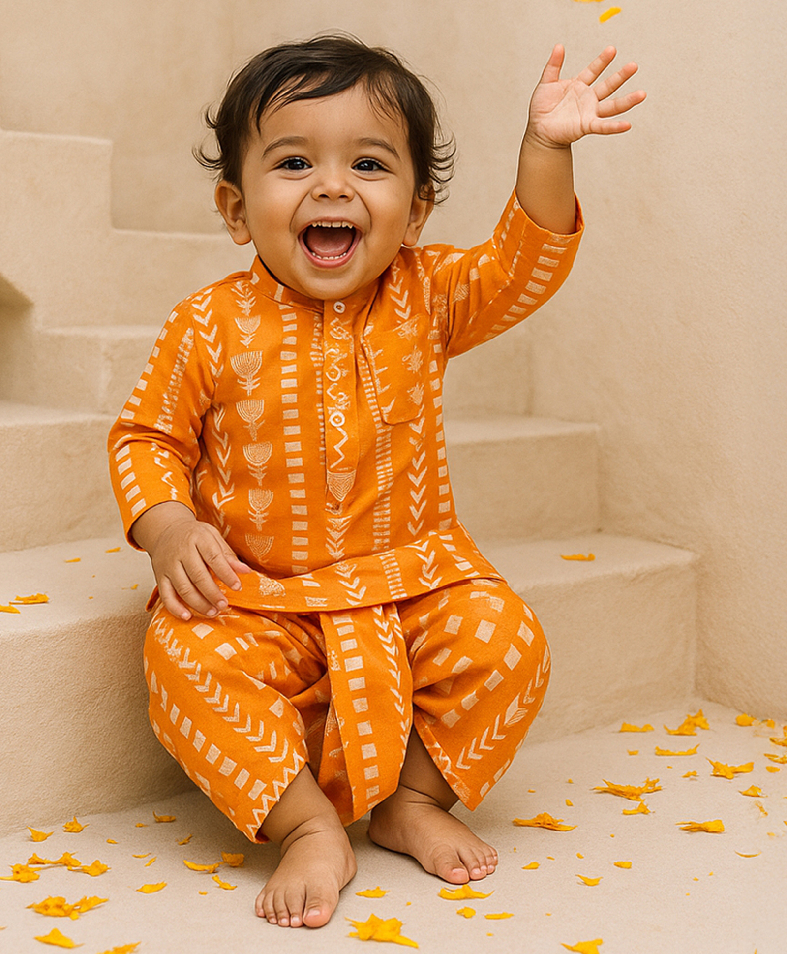 Somersault Cotton Woven Full Sleeves Abstract Printed Coordinating Dhoti Kurta Set - Orange-picture-10