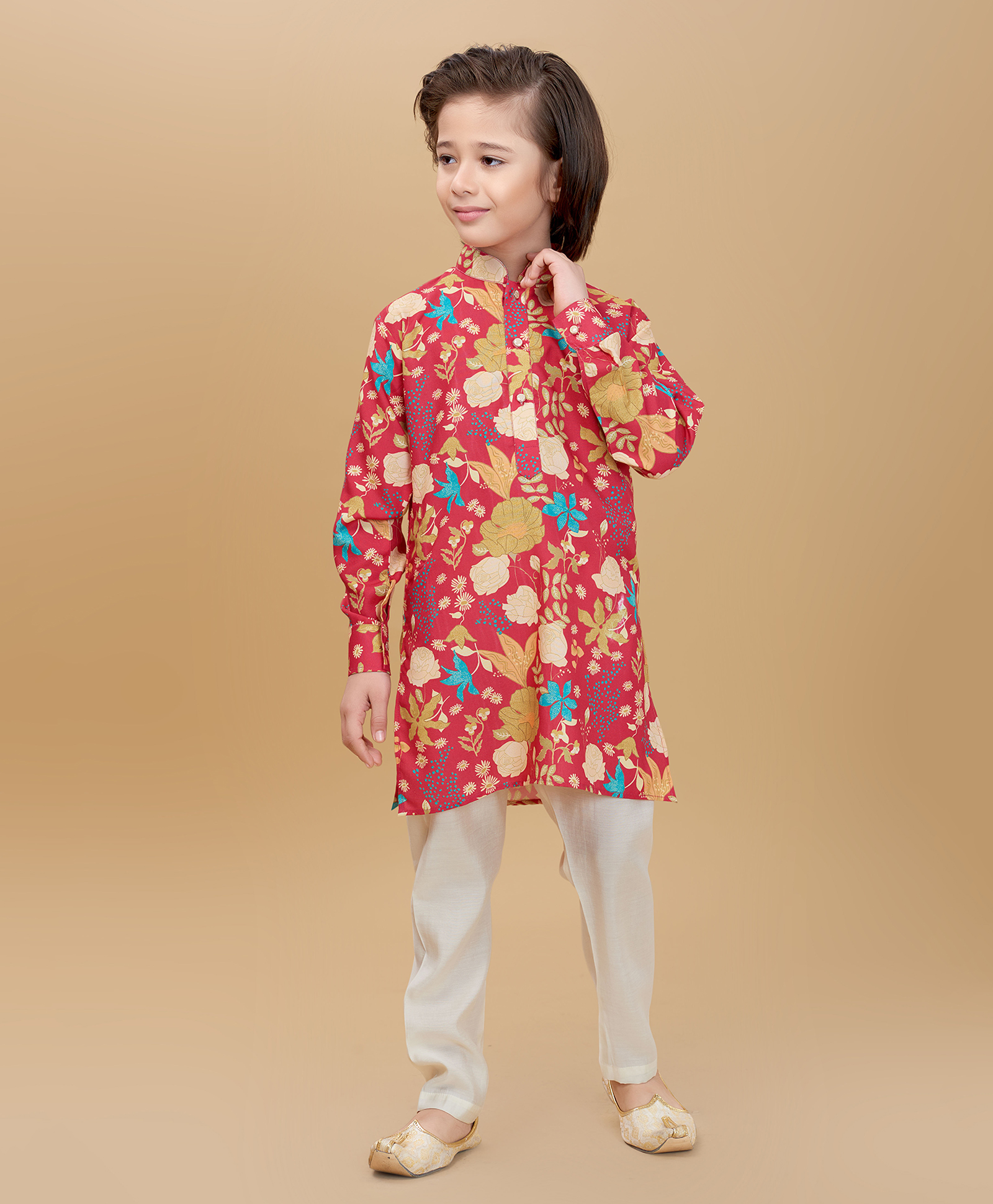 Ministitch Cotton Silk Woven Full Sleeves Floral Printed Kurta Pant Set - Red-picture-19