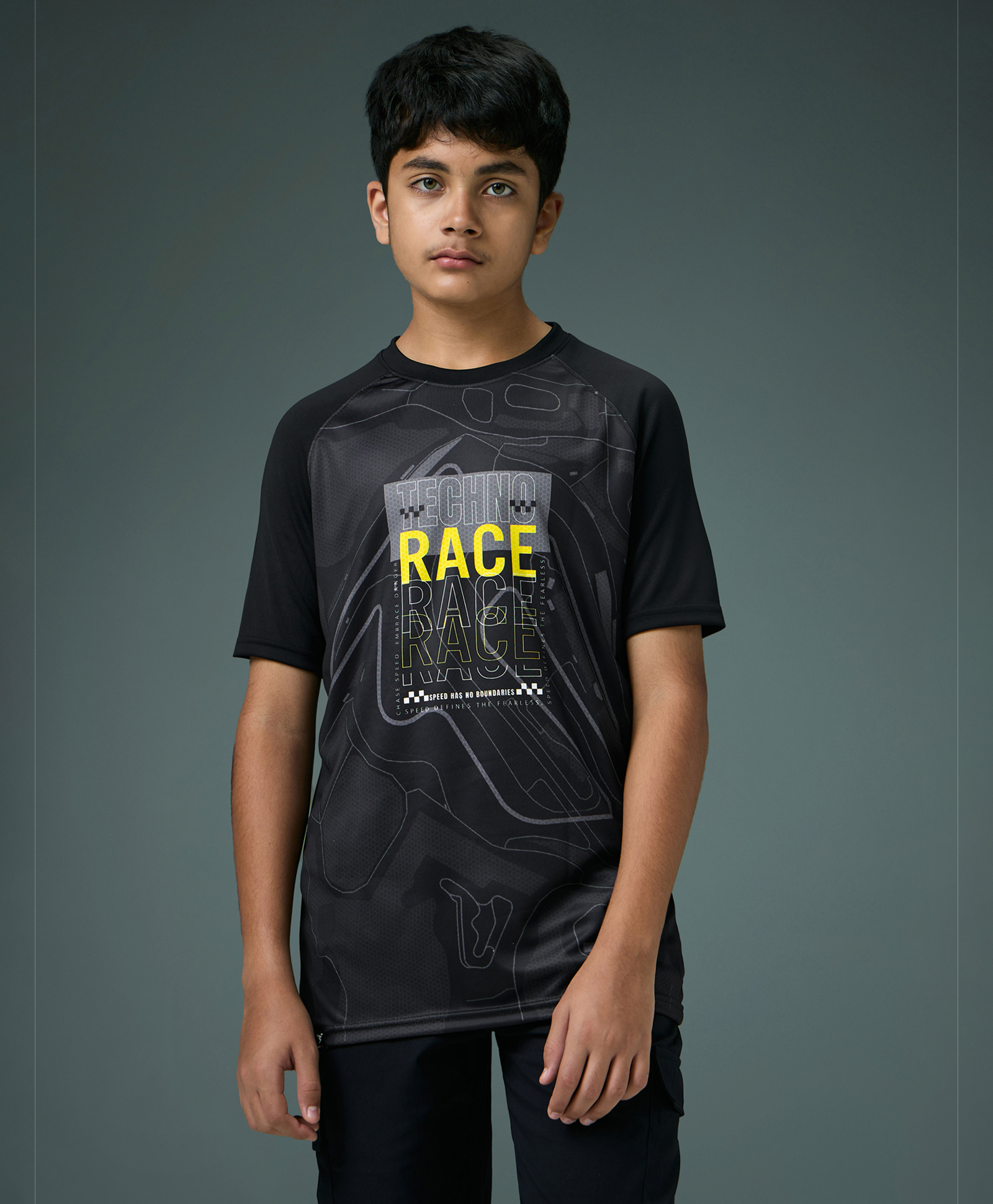 Technosport Knit Half Sleeves Techno Race Text Printed Quick Dry & Breathable Tee - Black-image-45
