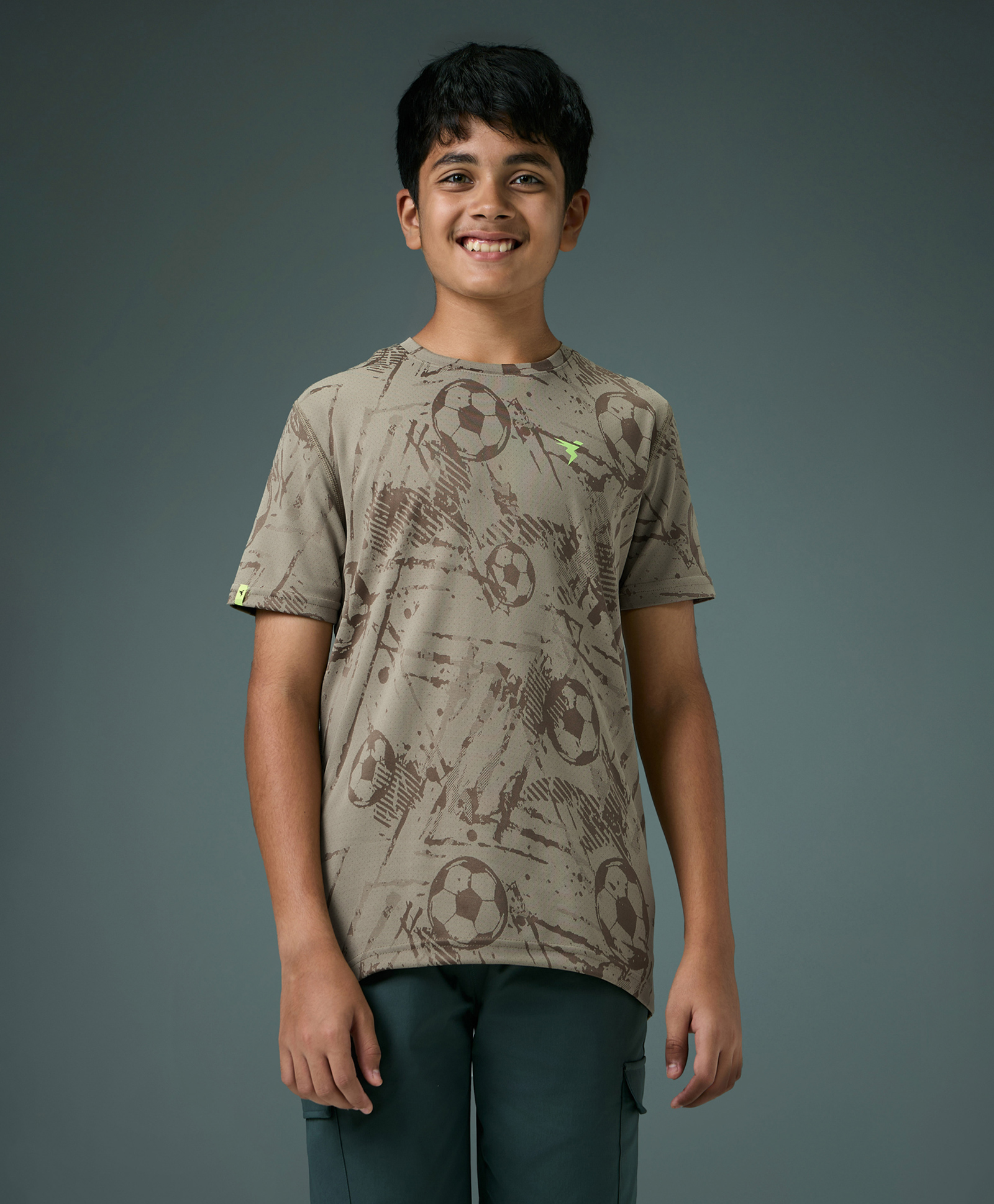 Technosport Knit Half Sleeves Footballs Printed Quick Dry & Breathable Tee - Khaki-picture-21