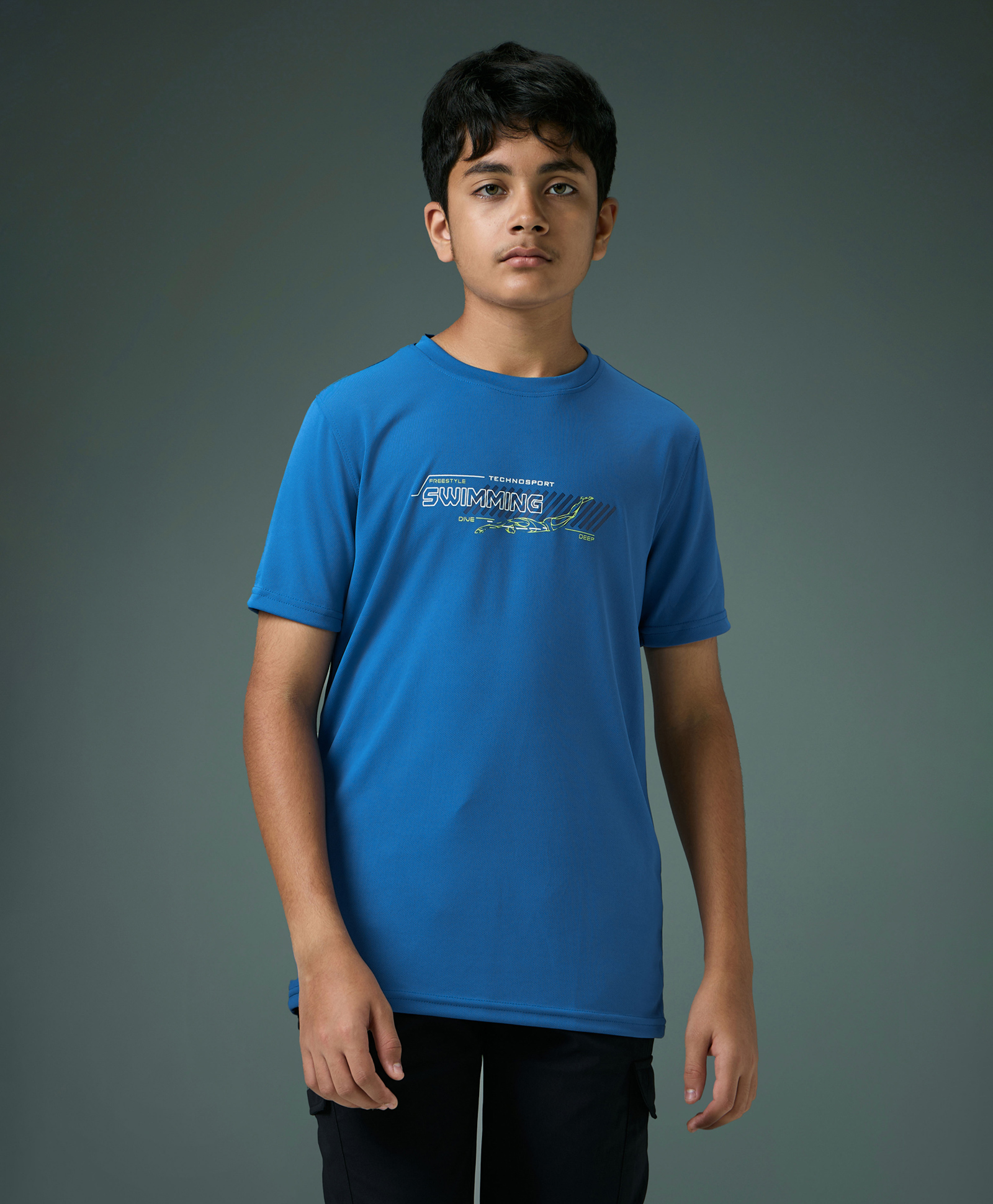 Technosport Knit Half Sleeves Swimming Text Printed Quick Dry & Breathable Tee - Blue-picture-17