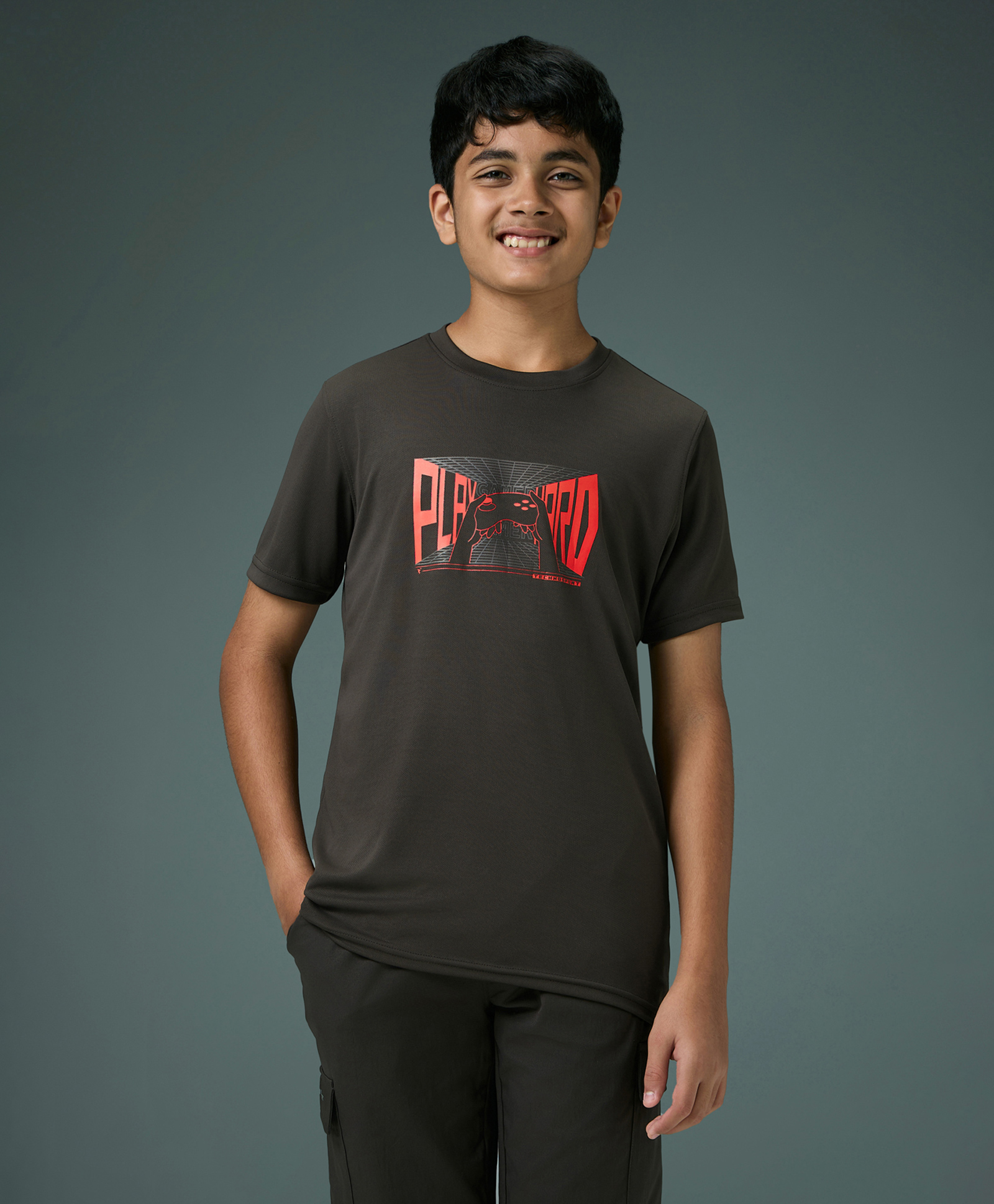 Technosport Knit Half Sleeves Play Hard Text Printed Quick Dry & Breathable Tee - Black Olive-picture-13