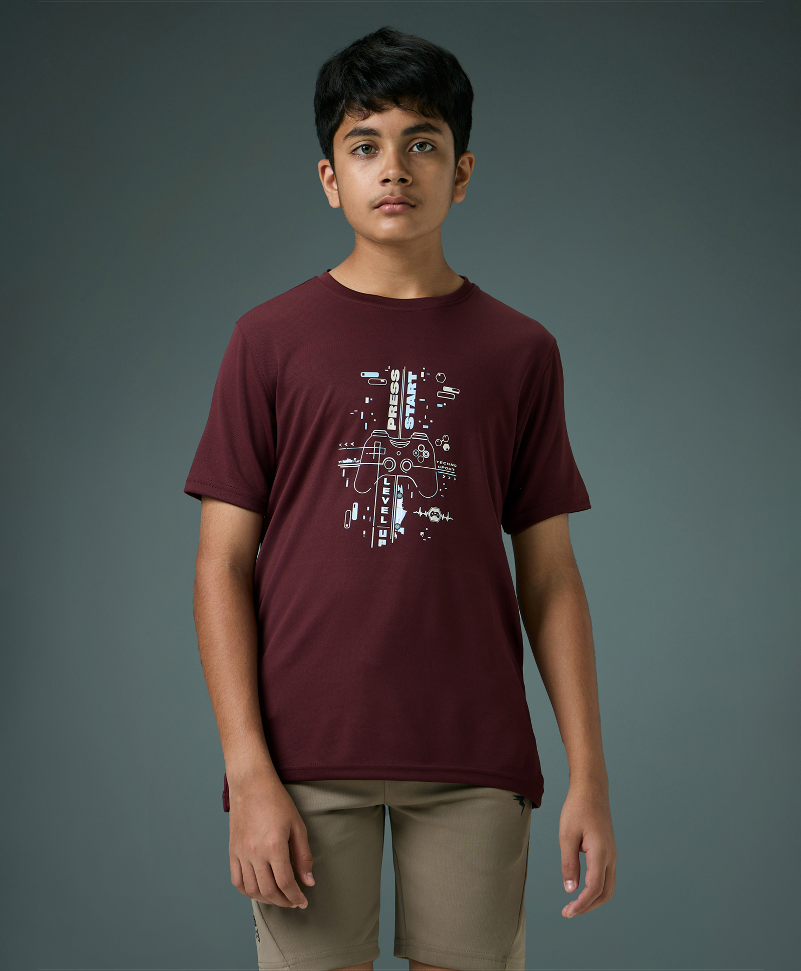 Technosport Knit Half Sleeves Press Start Text Printed Quick Dry & Breathable Tee - Brown-picture-12