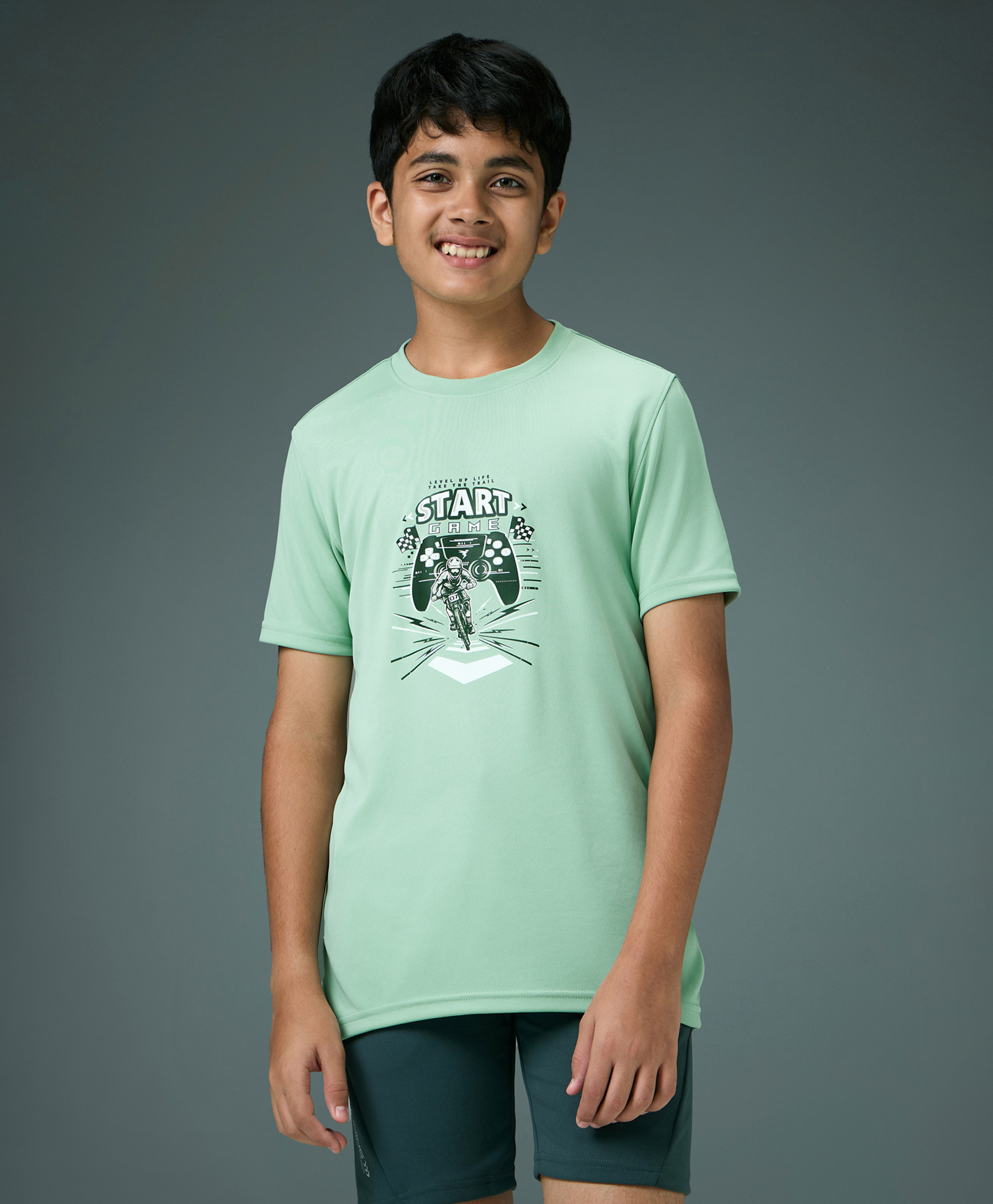 Technosport Knit Half Sleeves Start Game Text Printed Quick Dry & Breathable Tee - Green-picture-10