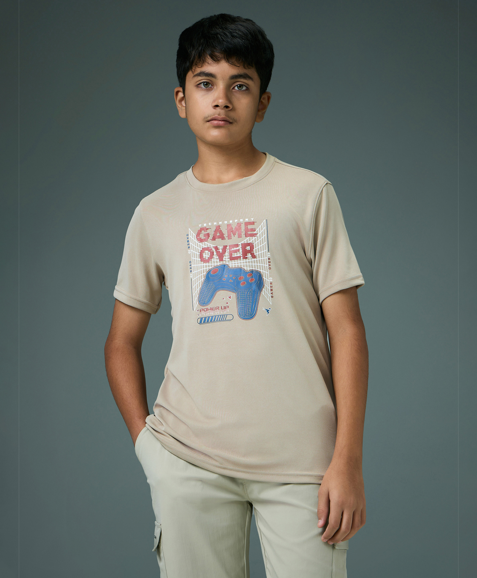 Technosport Knit Half Sleeves Game Theme Printed Quick Dry & Breathable Tee - Beige-picture-17