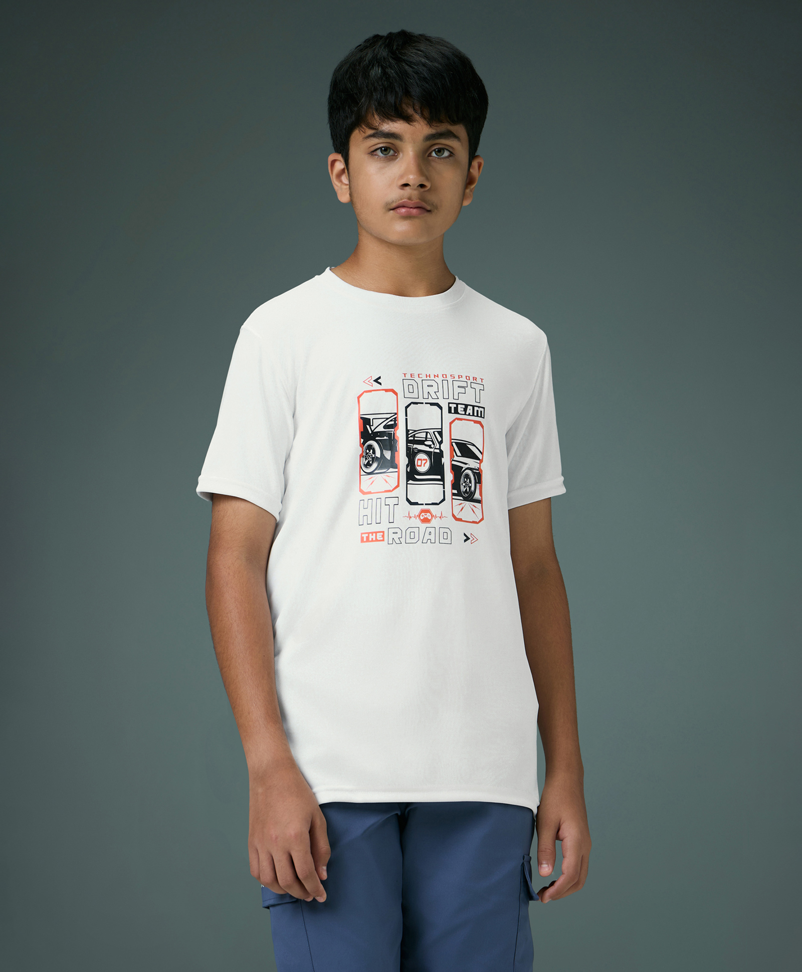 Technosport Knit Half Sleeves Car Race Theme Printed Quick Dry & Breathable Tee - White-picture-25