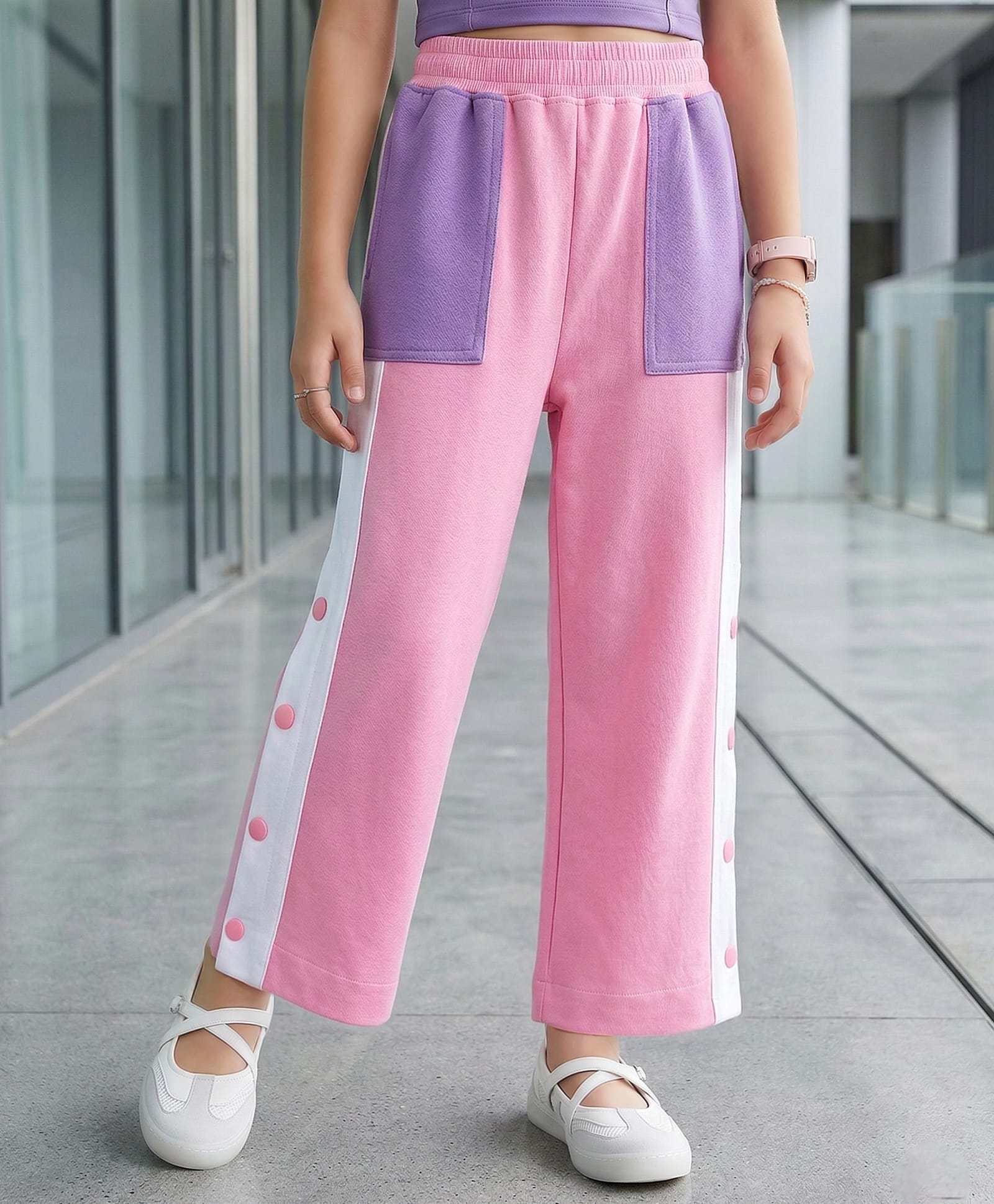 Pine Kids Knit Full Length Track Pant with Tape Detailing & Pockets - Pink-image-48