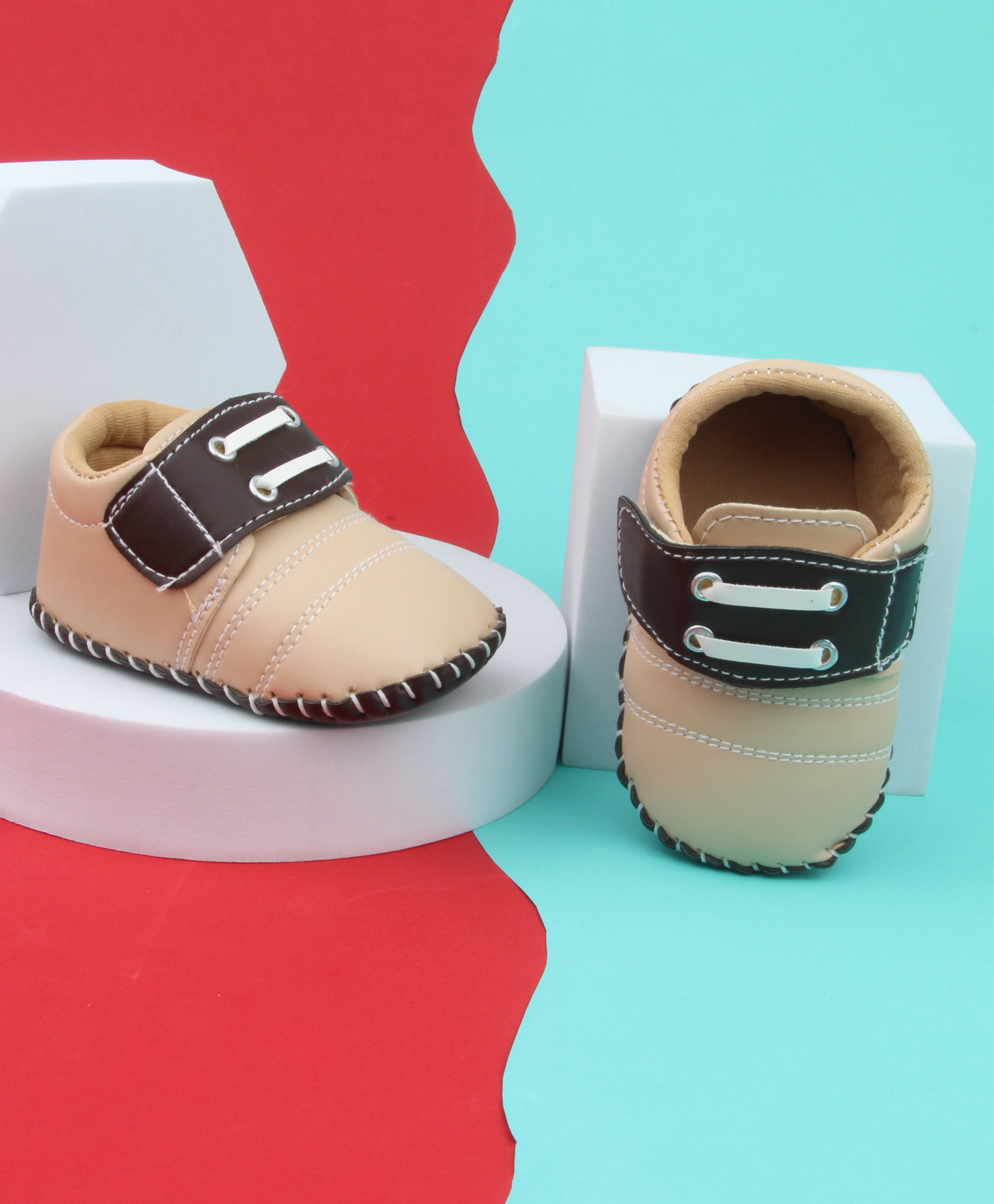 Neska Moda Colour Blocked Velcro Closure Booties - Beige & Brown-picture-10
