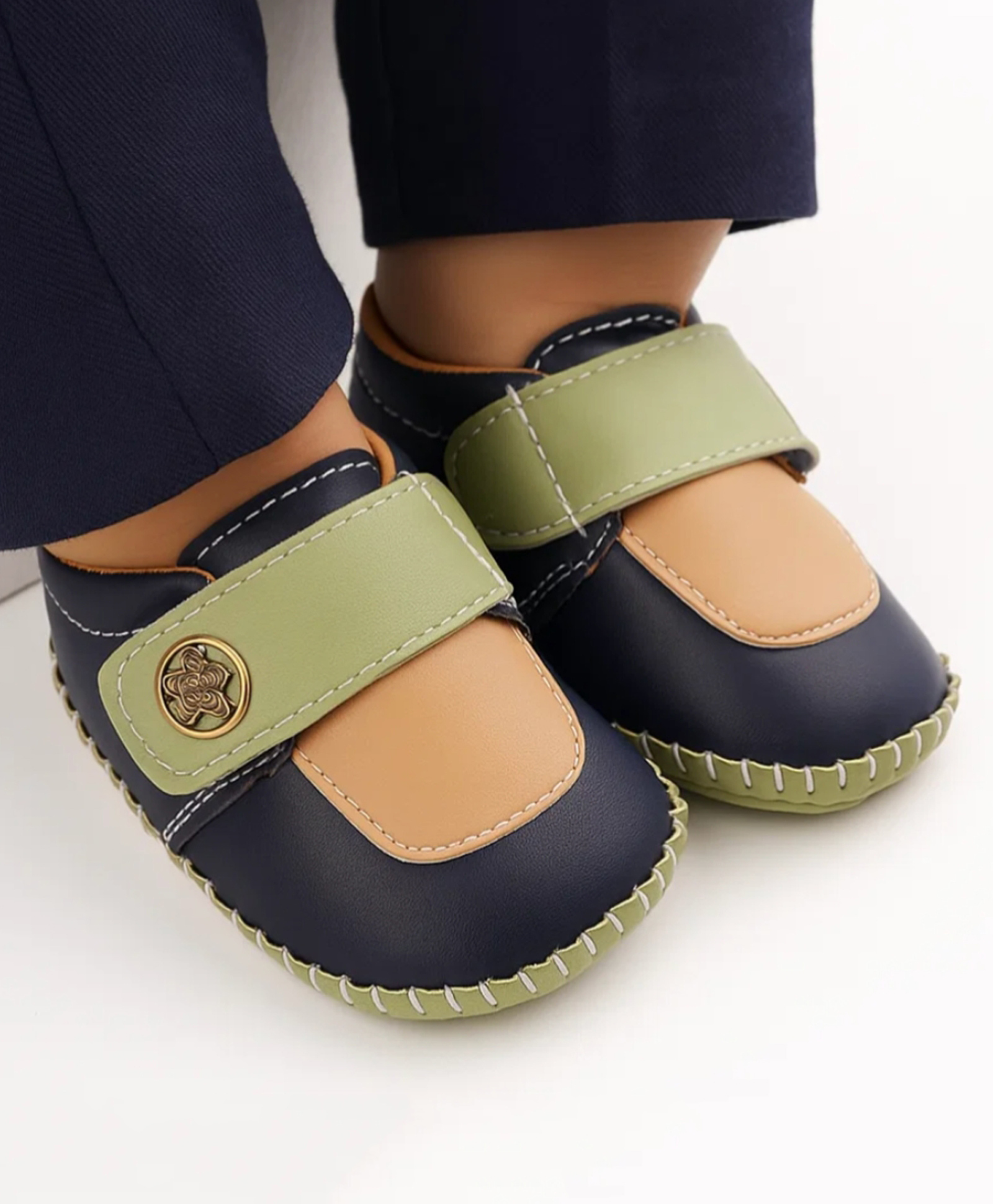 Neska Moda Colour Blocked Velcro Closure Booties - Green Beige & Black-picture-10