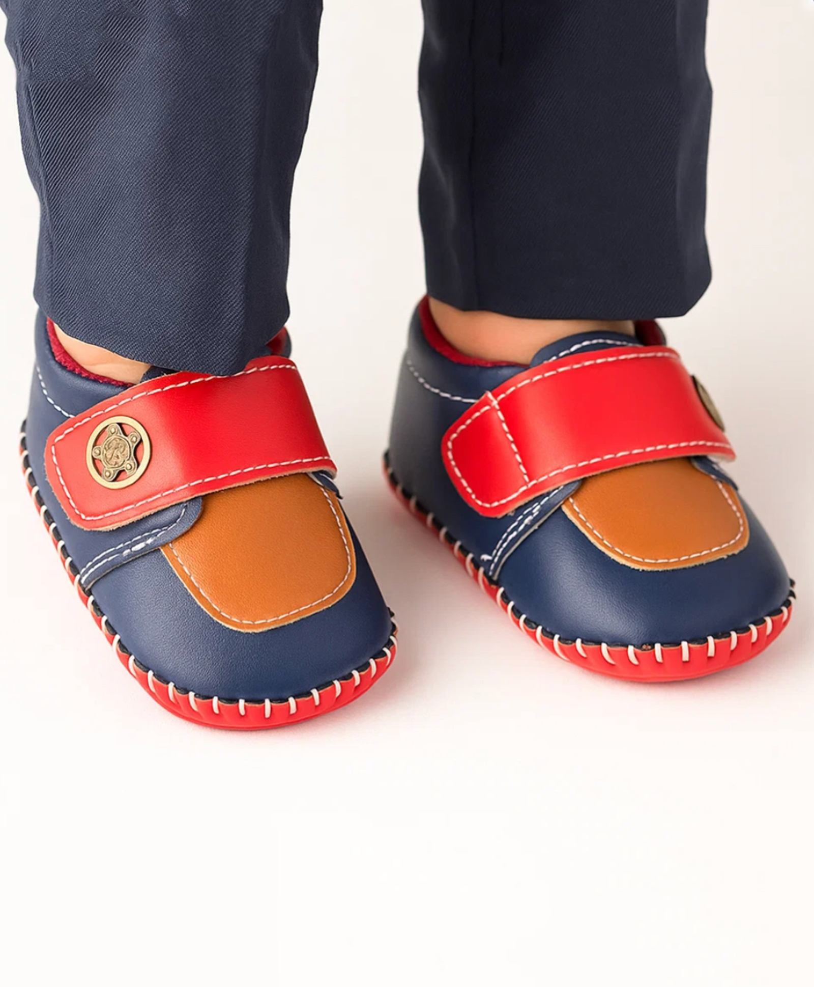 Neska Moda Colour Blocked Velcro Closure Booties - Red Yellow & Navy Blue-image-23