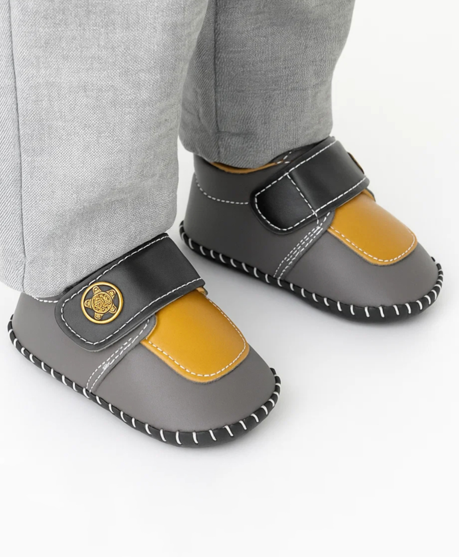 Neska Moda Colour Blocked Velcro Closure Booties - Black Yellow & Dark Grey-picture-26