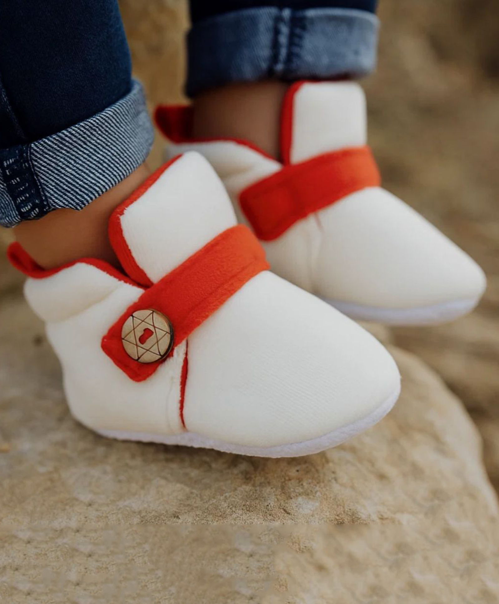 Neska Moda Colour Blocked Velcro Closure Booties - Off White & Red-image-41