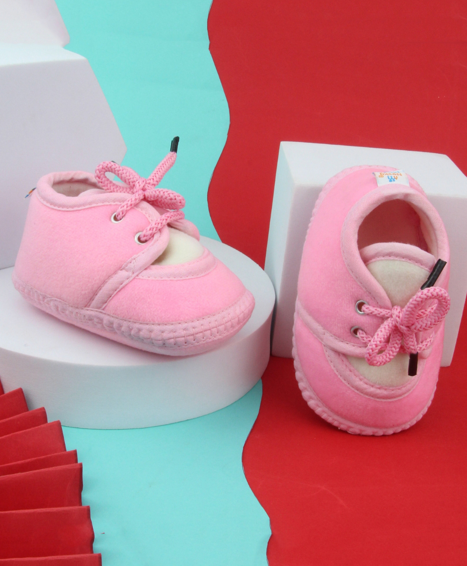 Neska Moda Colour Blocked Pre Walker Lace Up Booties - Pink & White-image-20