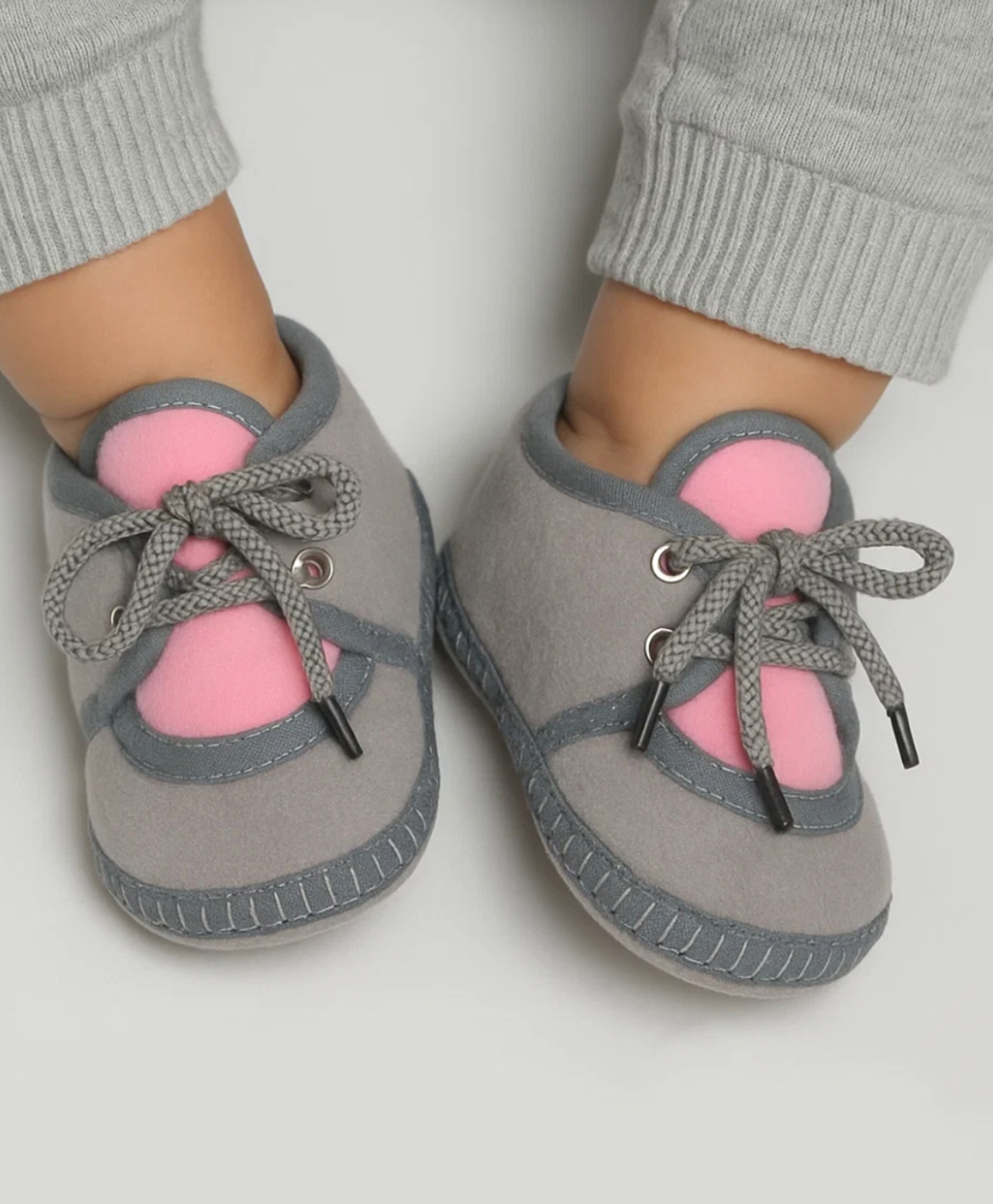 Neska Moda Colour Blocked Pre Walker Lace Up Booties - Grey & Pink-image-49