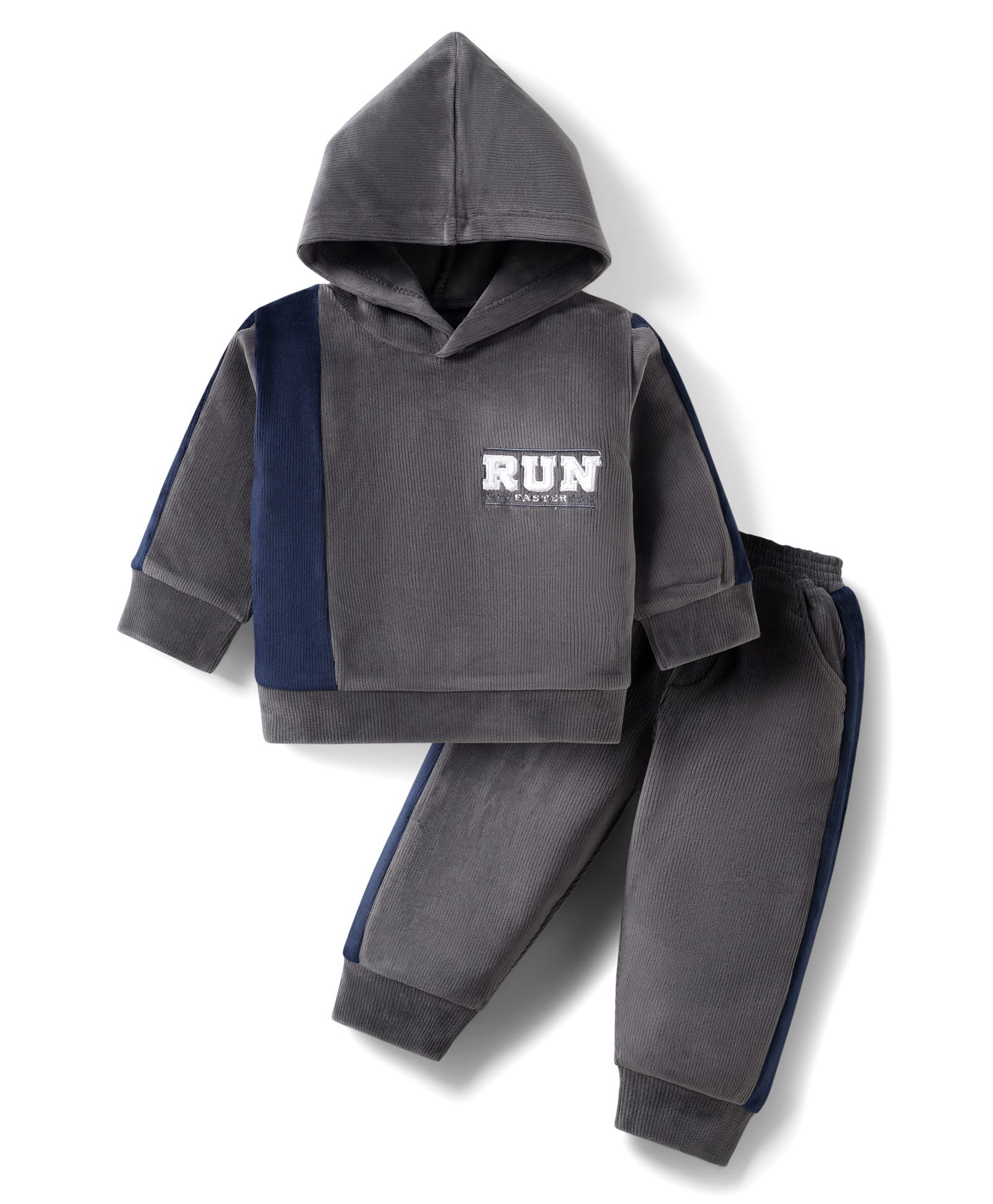 Mom's pet Fleece Knit Full Sleeves Run Faster Text Embroidered Winter Hooded Sweatshirt & Joggers Set - Grey-picture-15
