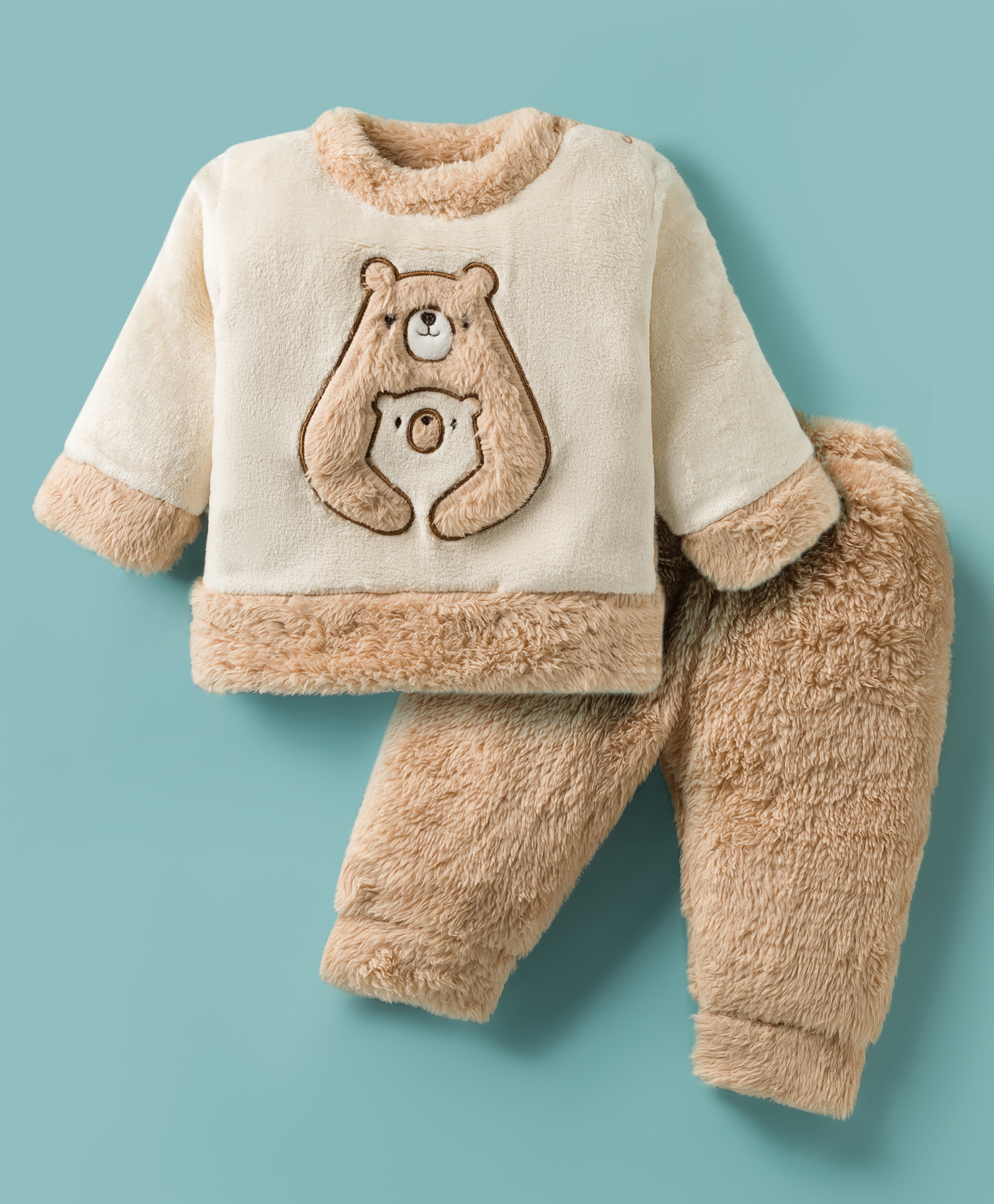 Mom's pet Fur Knit Full Sleeves Bear Embroidered Heavy Winter Sweatshirt With Pant Set - Brown-picture-26