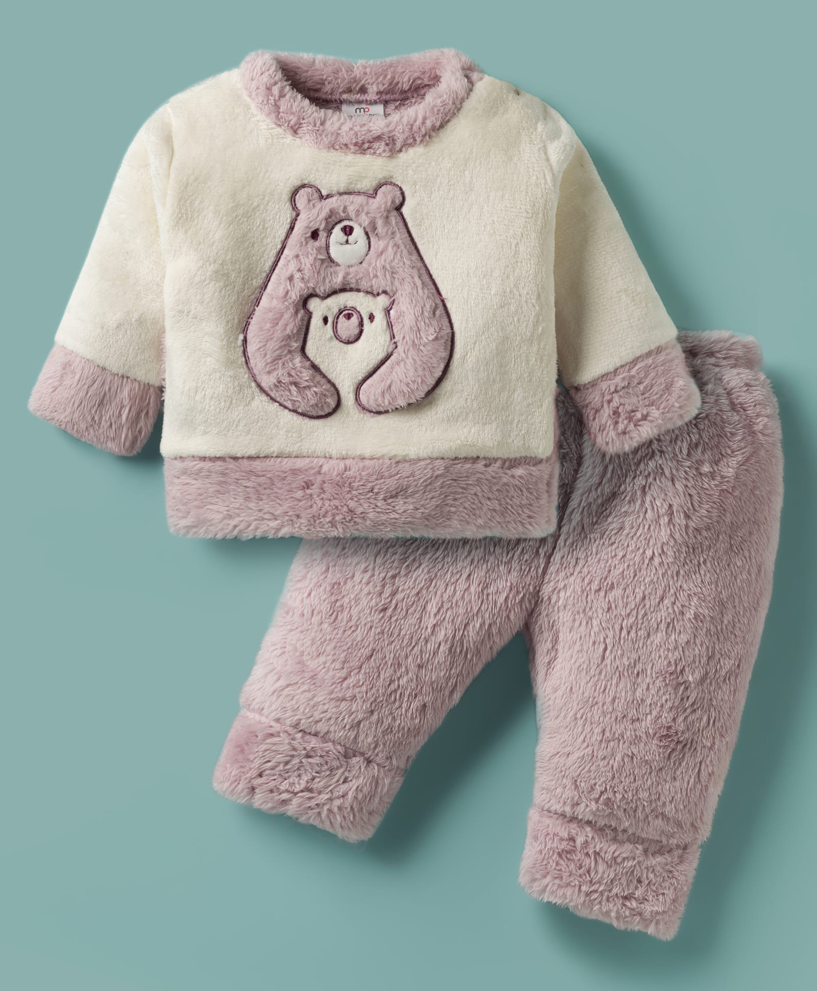 Mom's pet Fur Knit Full Sleeves Bear Embroidered Heavy Winter Sweatshirt With Pant Set - Purple-picture-18