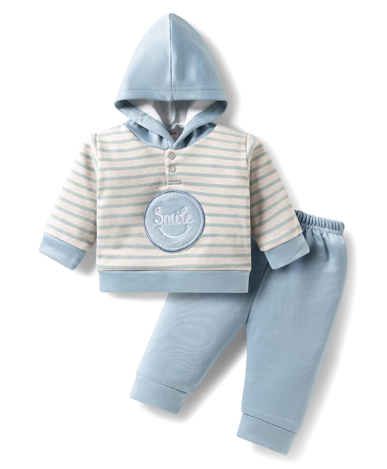 Mom's pet Fleece Knit Full Sleeves Striped & Smile Text Patch Detailed Heavy Winter Hooded Sweatshirt & Joggers Set - Blue-picture-19