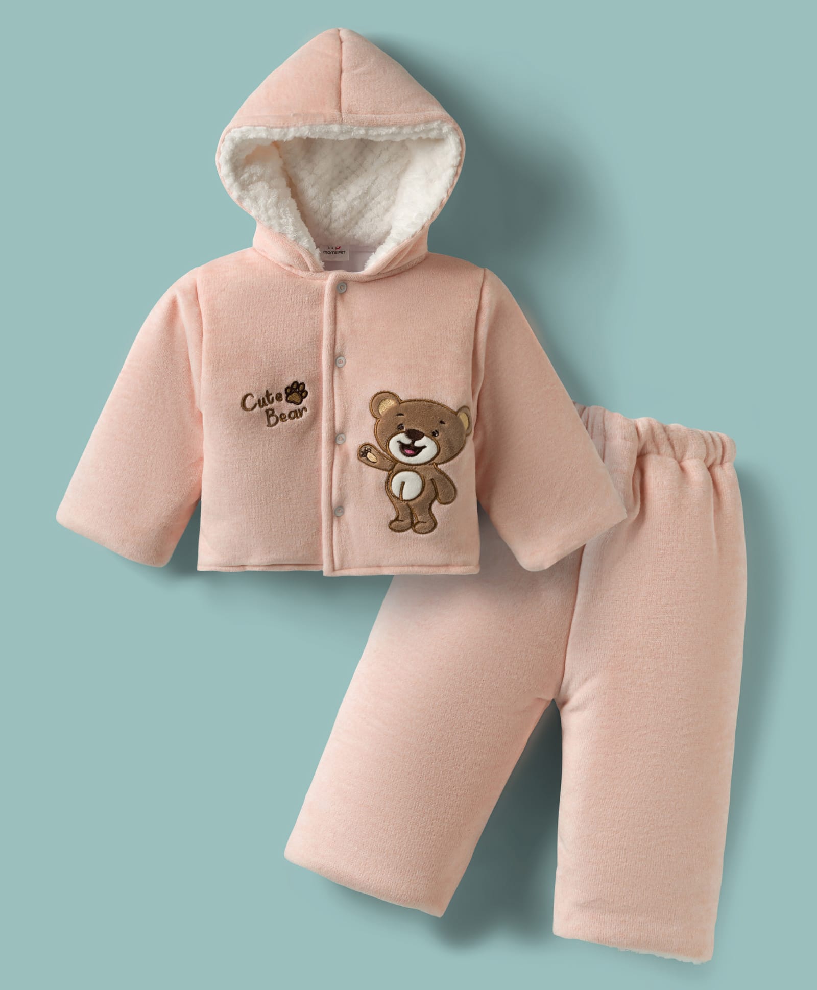 Mom's pet Cotton Spandex Knit Teddy Embroidered Heavy Winter Hooded Jacket With Pant Set - Peach-image-17