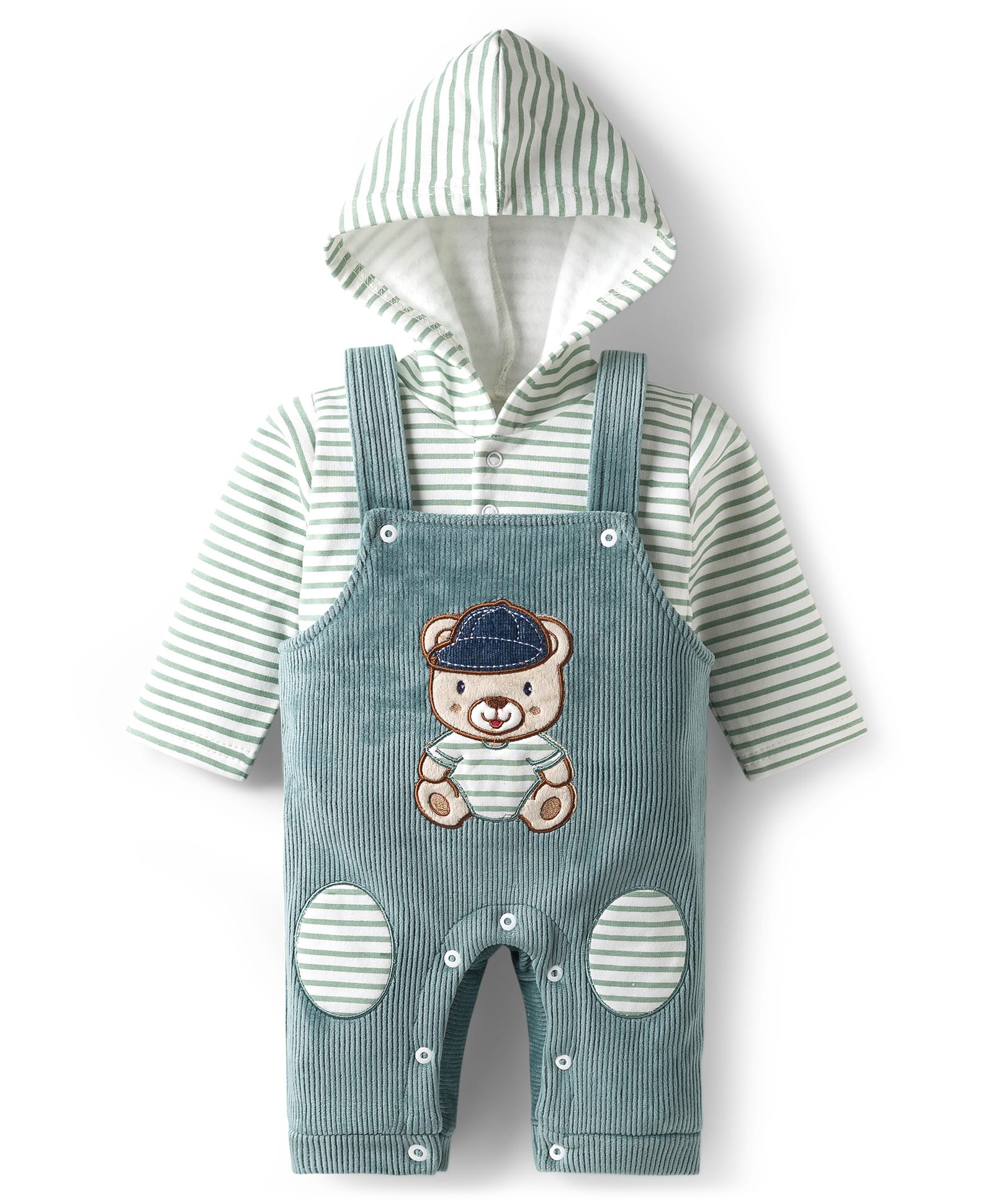Mom's pet Fleece Knit Sleeveless Teddy Patch Detailed Heavy Winter Dungaree With Hooded Tee - Green-picture-24