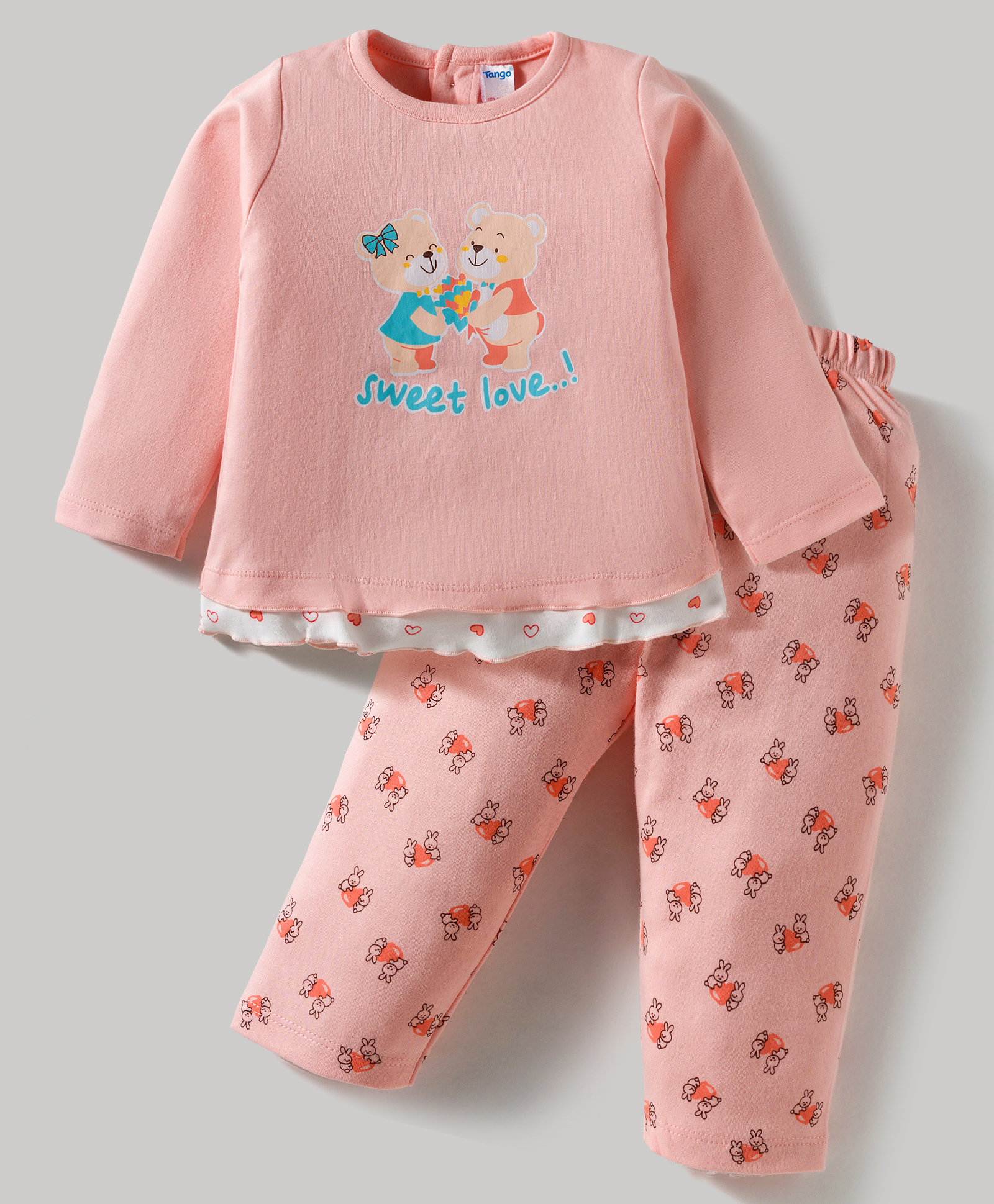 Tango Interlock Knit Full Sleeves Night Suit with Bunny & Teddy Print - Pink-picture-14