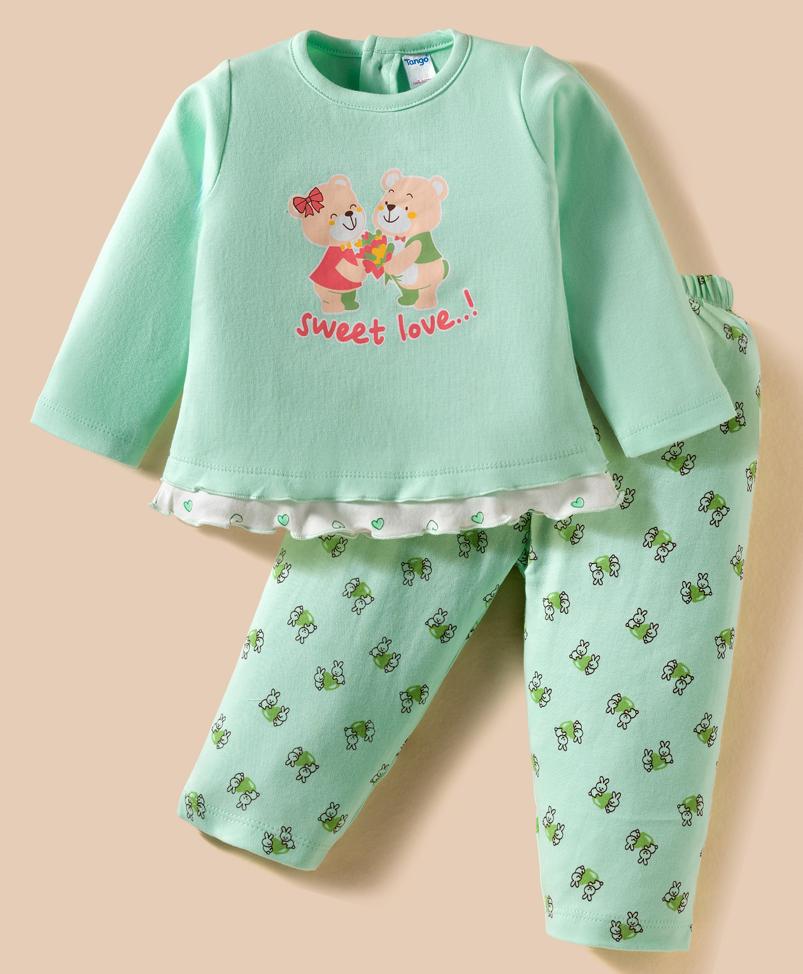 Tango Interlock Knit Full Sleeves Night Suit with Bunny & Teddy Print - Sea Green-image-43
