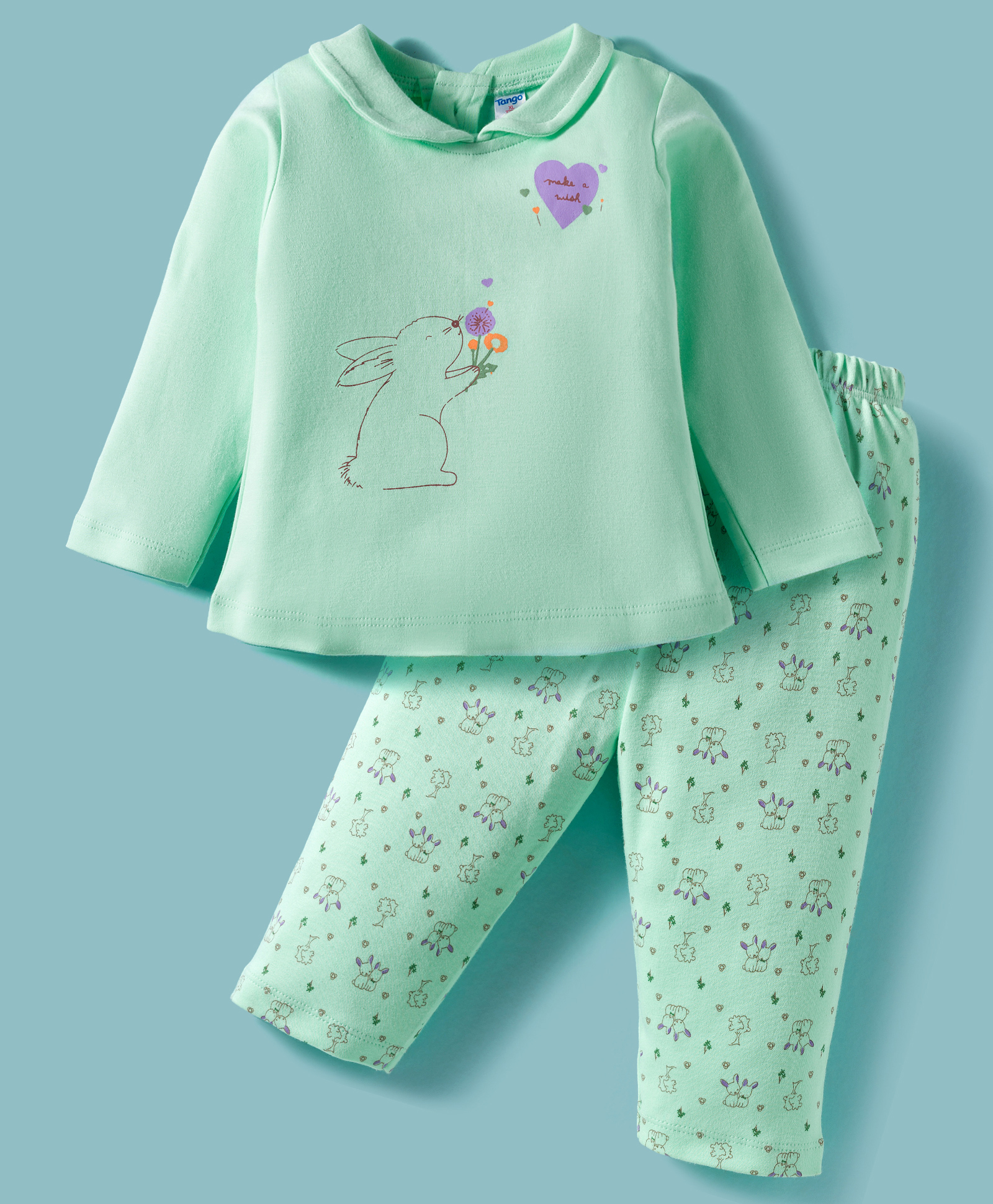 Tango Interlock Knit Full Sleeves Night Suit with Bunny Print - Sea Green-image-49