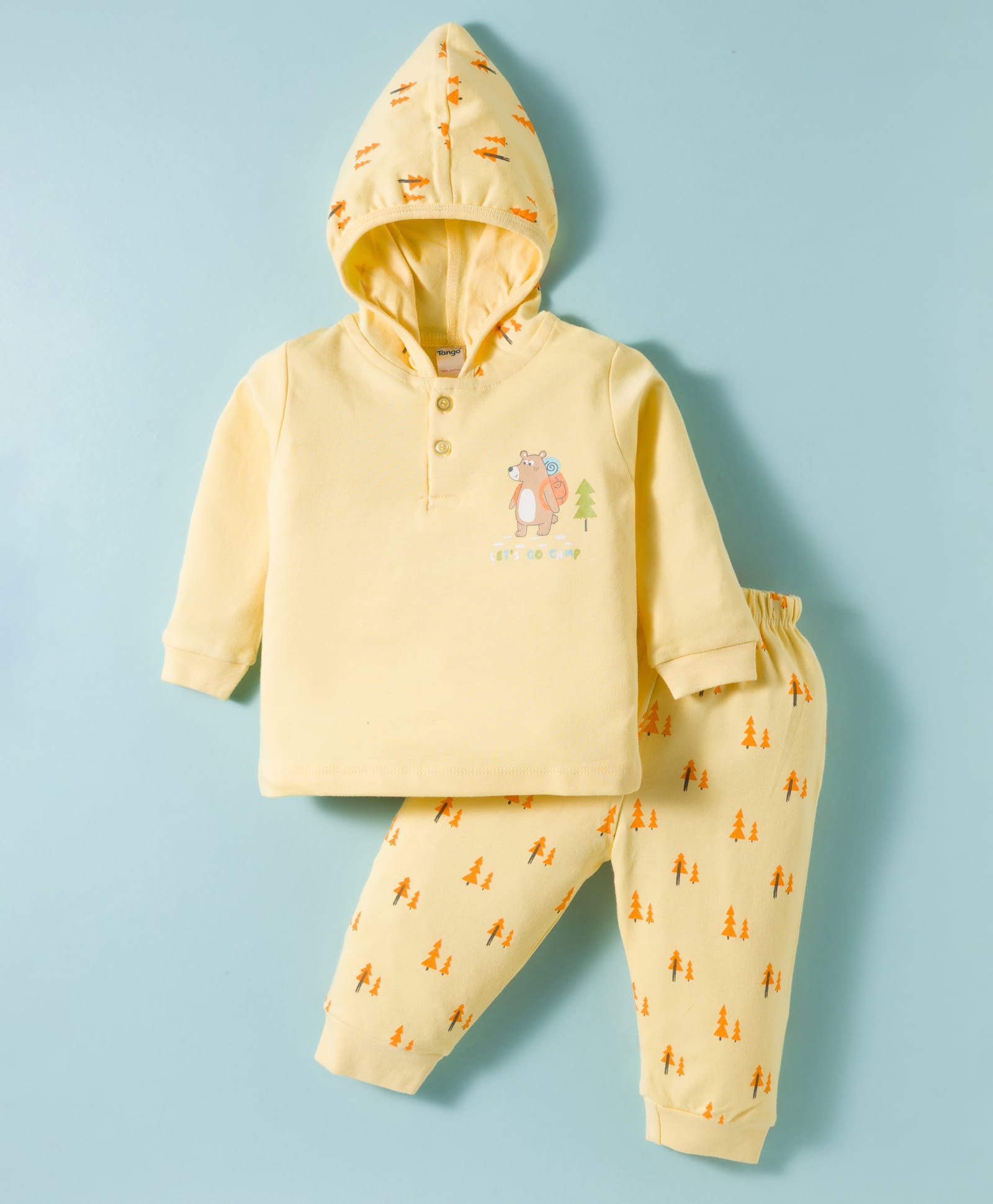 Tango Interlock Knit Full Sleeves Hooded T-Shirt & Lounge Pant Set with Bear & Tree Print - Yellow-picture-23