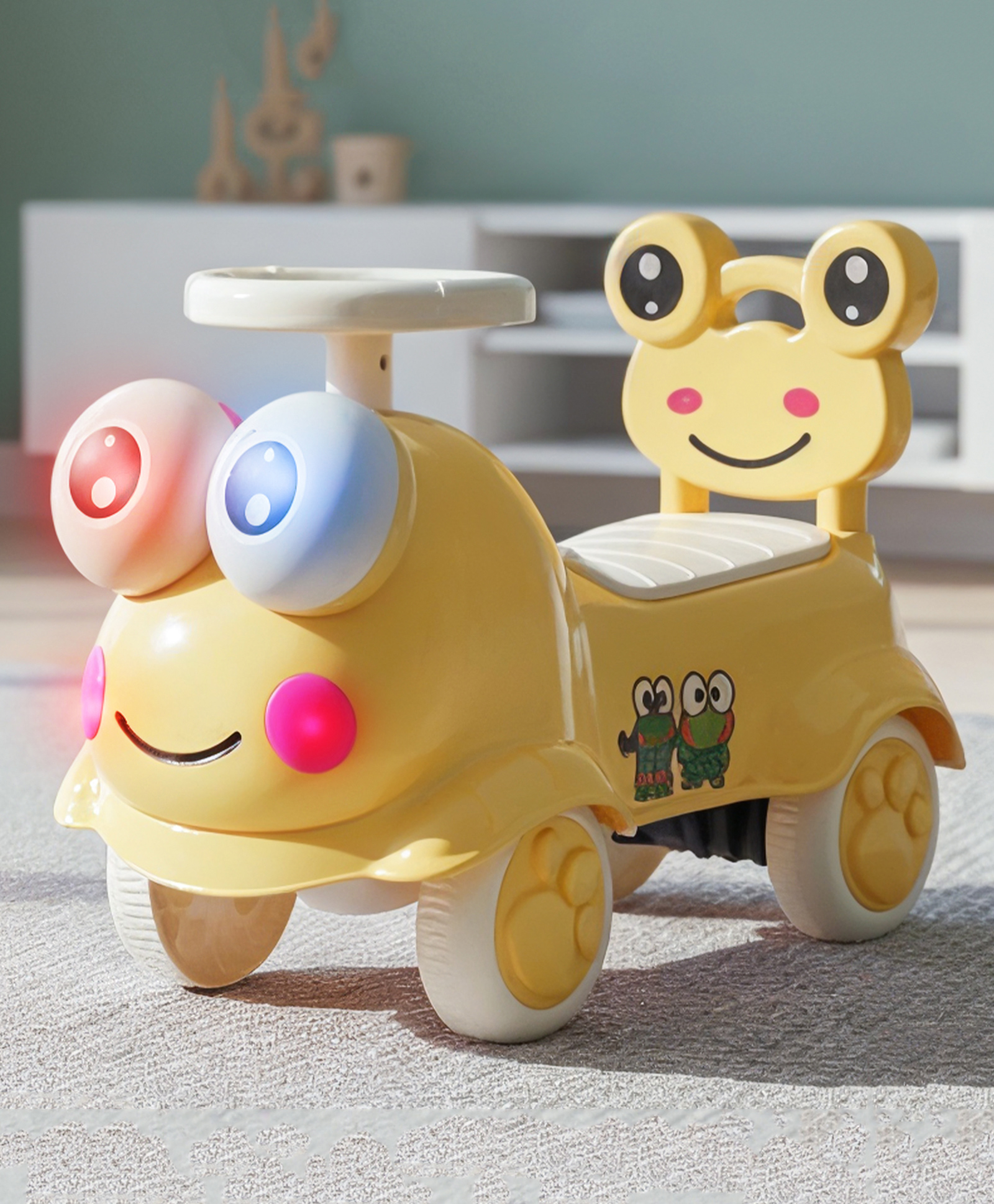 BAYBEE Kermit Ride on Cars for Kids | Indoor Baby Push Ride-ons with Glowing Lights & Safety Backrest | Portable Kids Car with Music & Toy Storage | Outdoor Rider Cars for Kids (Yellow)-image-4