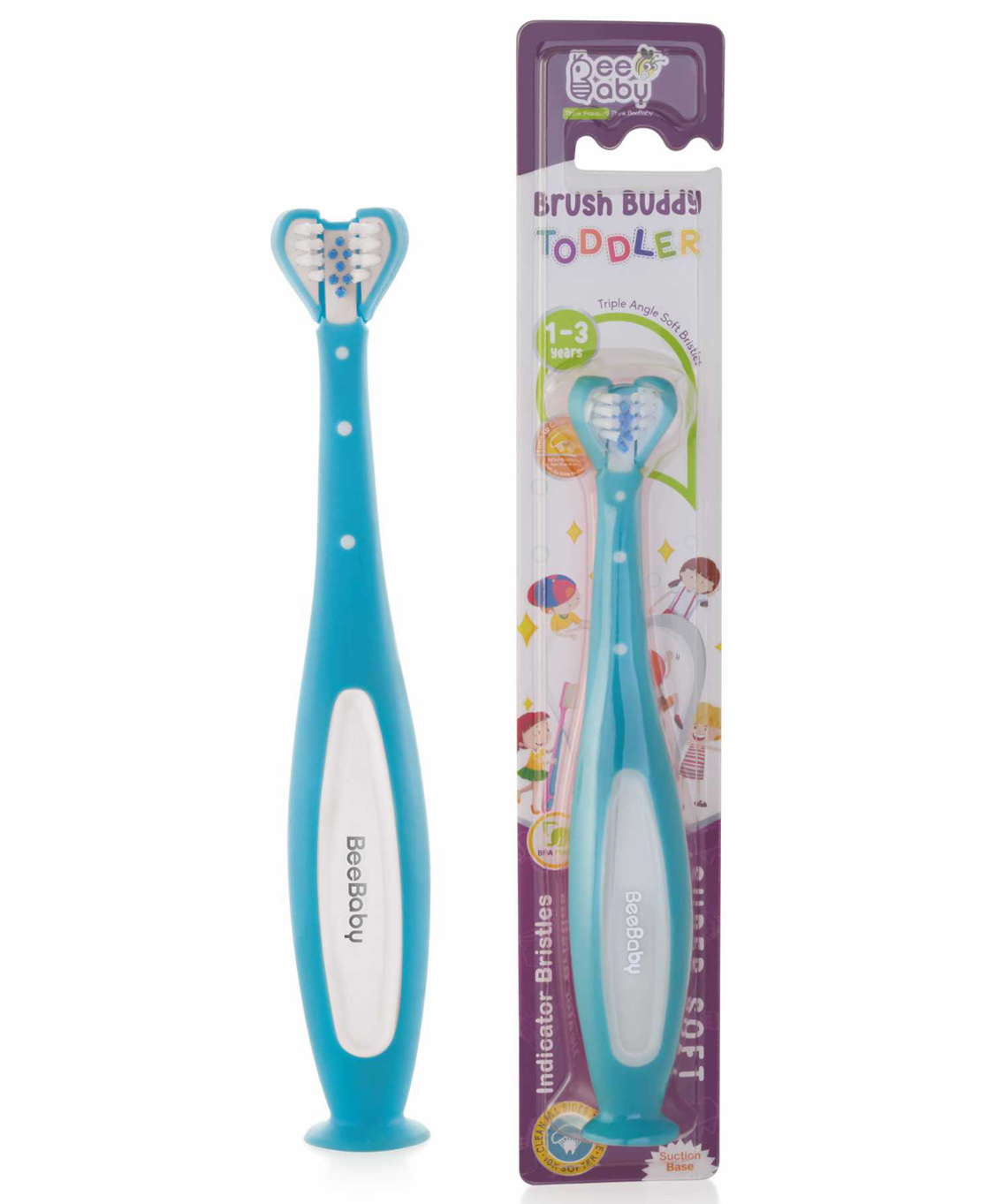 BeeBaby Triple Angle Brush Buddy Toothbrush for Kids 1-3 Years. Suction Cup, 3 Side Super Soft Time to Change Indicator Bristles Ideal for Milk & Permanent Teeth. 100% BPA Free. Blue-picture-7