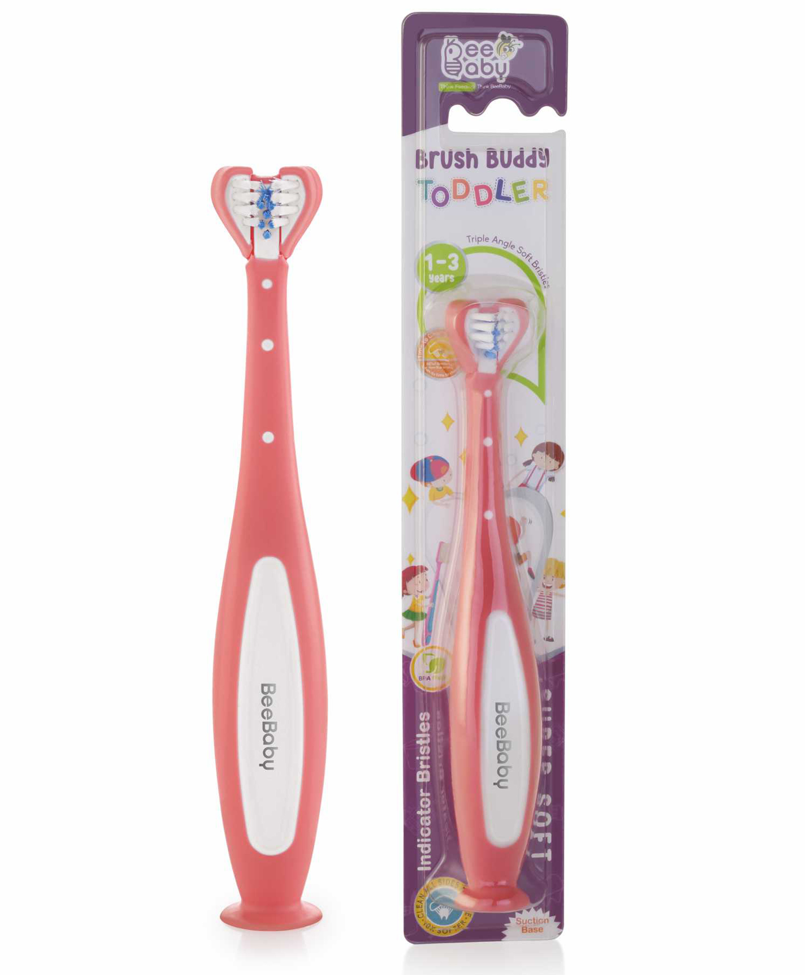 BeeBaby Triple Angle Brush Buddy Toothbrush for Kids 1-3 Years. Suction Cup, 3 Side Super Soft Time to Change Indicator Bristles Ideal for Milk & Permanent Teeth. 100% BPA Free. Pink-picture-6